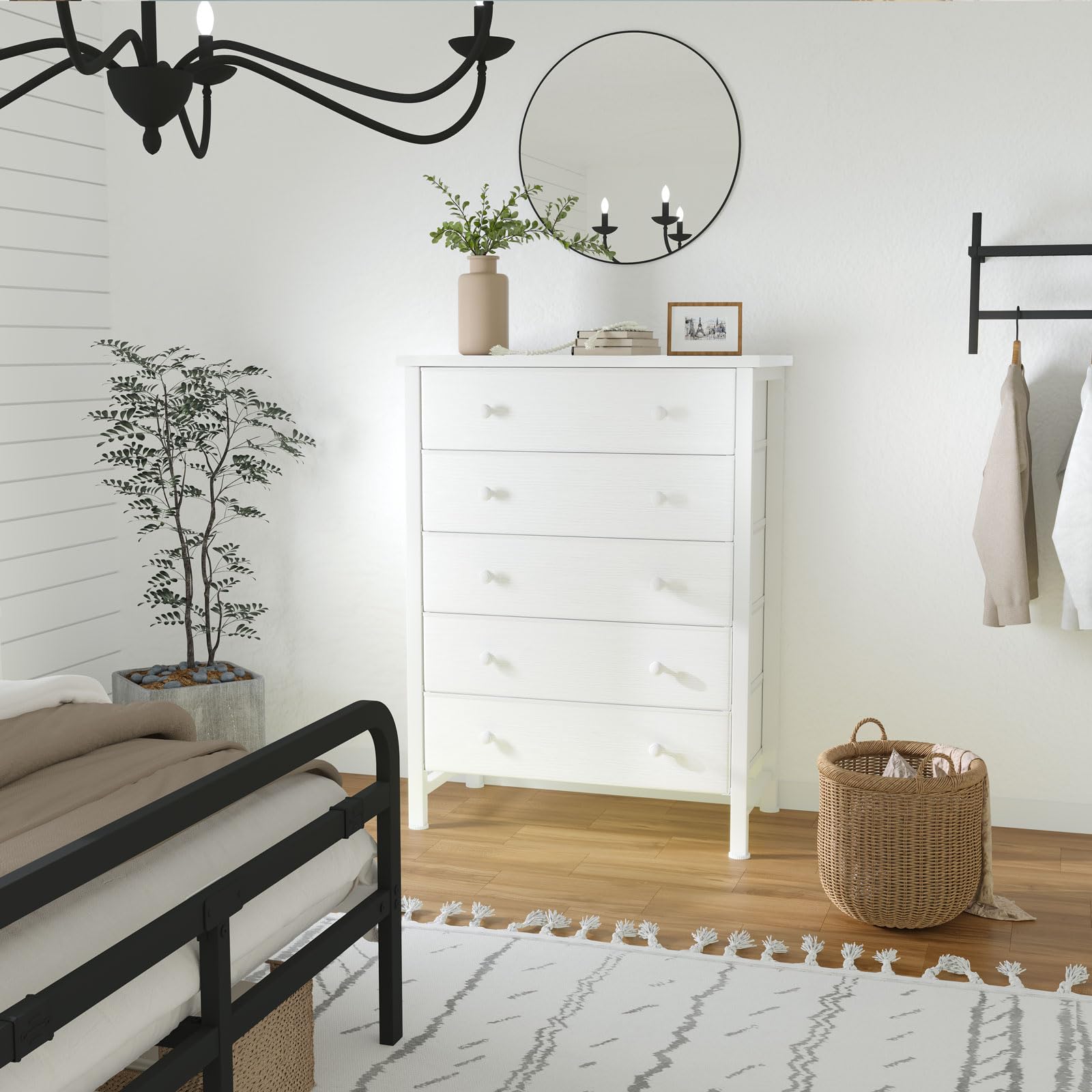 5-Drawer Fabric Dresser with Wood Grain Top