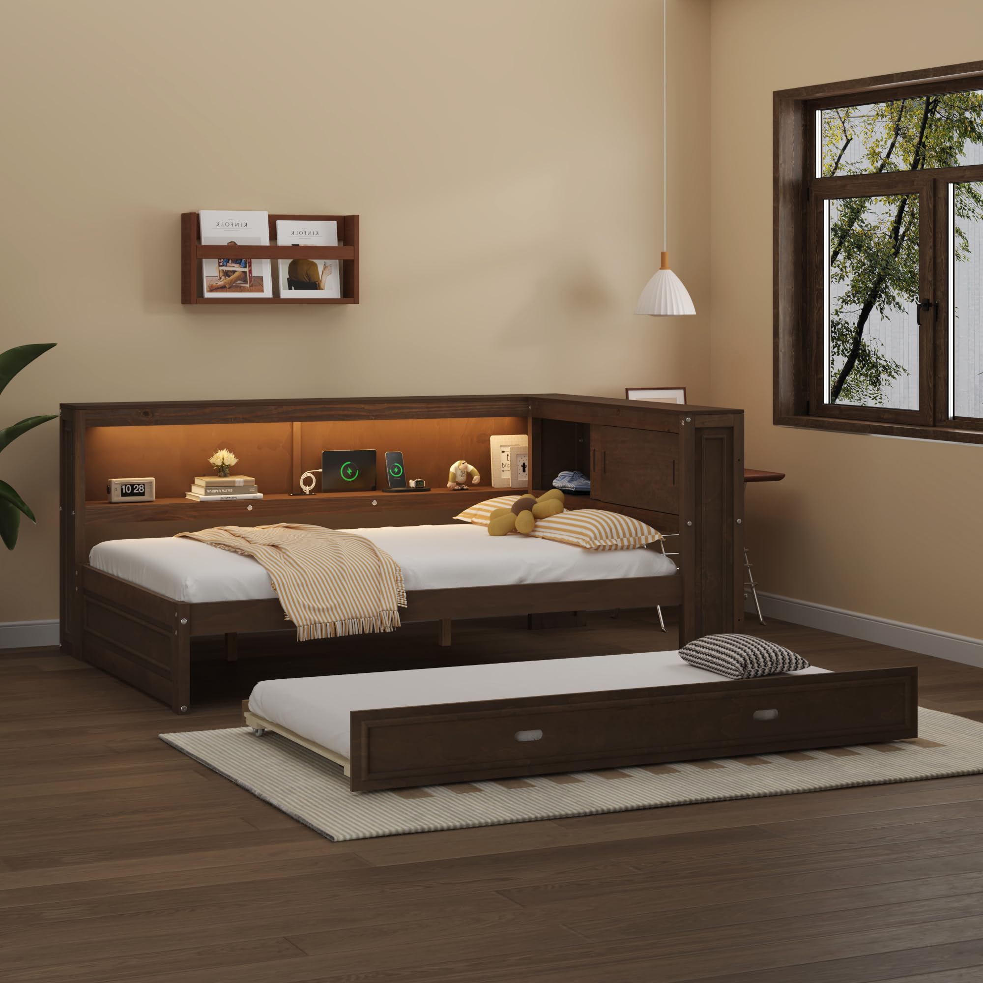 Full Size Wood Daybed with Twin Trundle and Storage Shelves