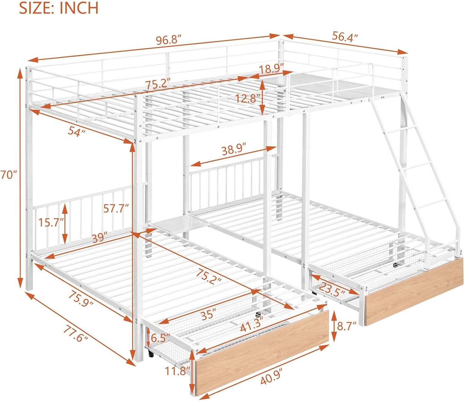 Full Over Twin & Twin Triple Bunk Bed with Storage and Ladder
