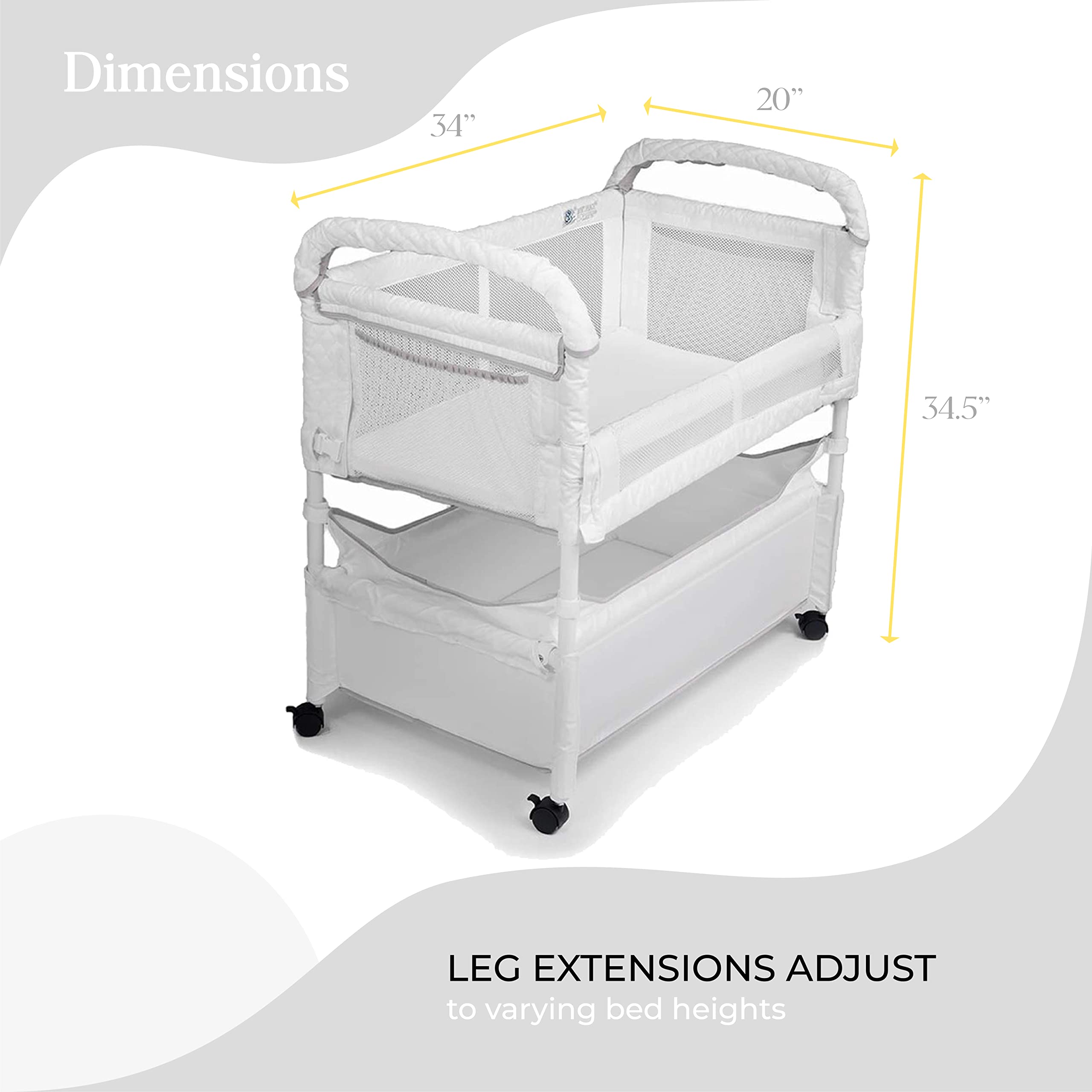 Arm’s Reach Clear-Vue Co-Sleeper Bedside Bassinet Featuring Clear Mesh Panels with Fold-Down Side, Large Attached Storage Basket, 4 Wheels, and Height-Adjustable Legs, White