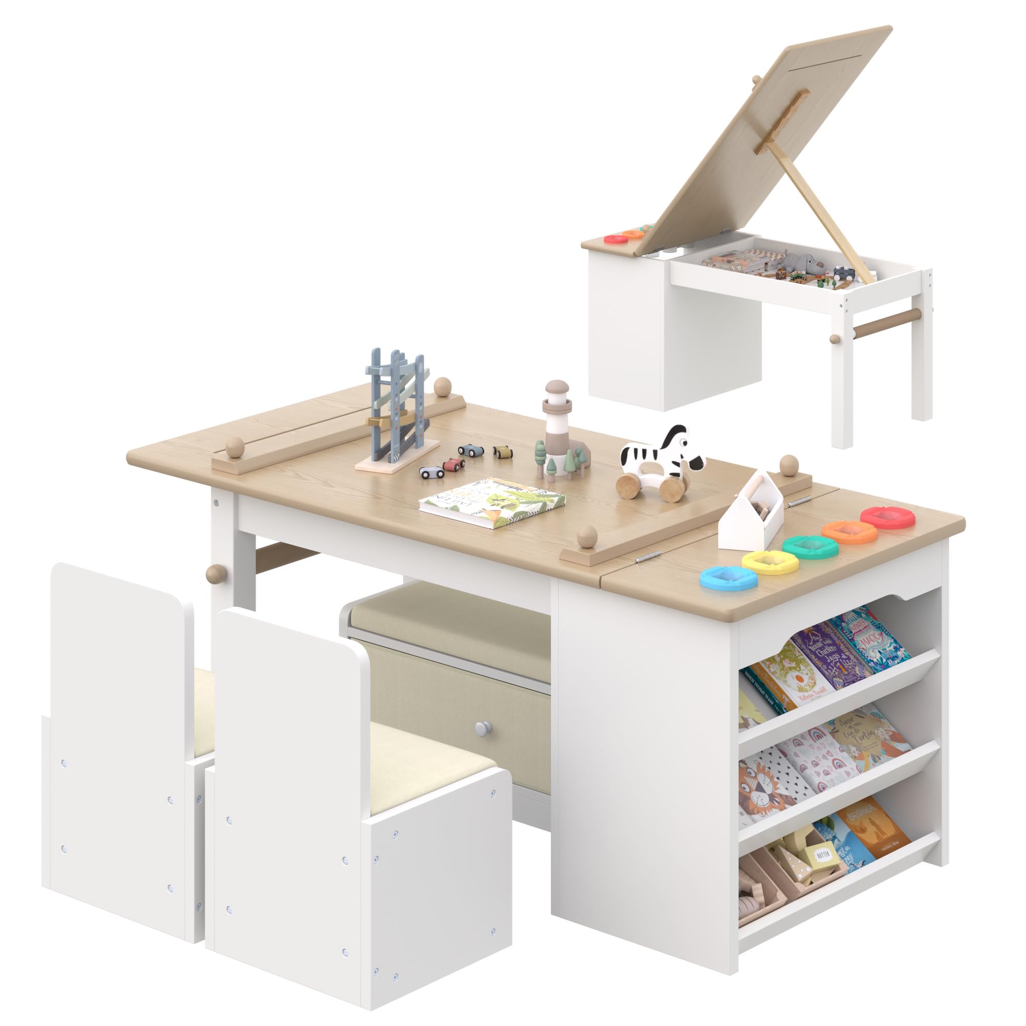Table and Chair Set, Art Desk & Easel w/ Storage Shelves