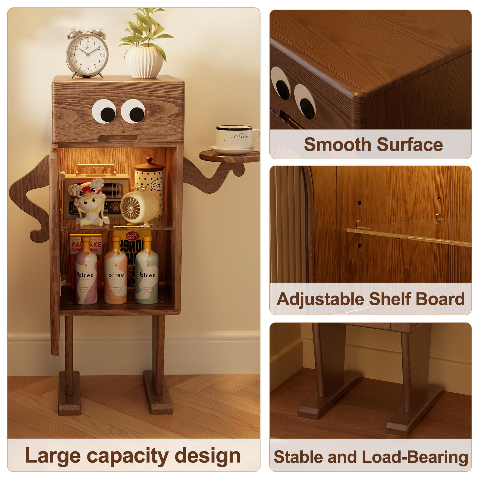 Solid Wood Nightstand with LED Light and Adjustable Dividers