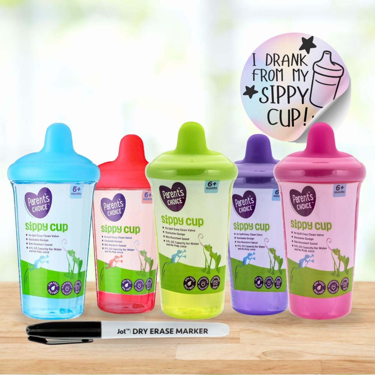 5-Pack Colorful Sippy Cups with Dry Erase Marker & Bonus Sticker – Spill-Proof