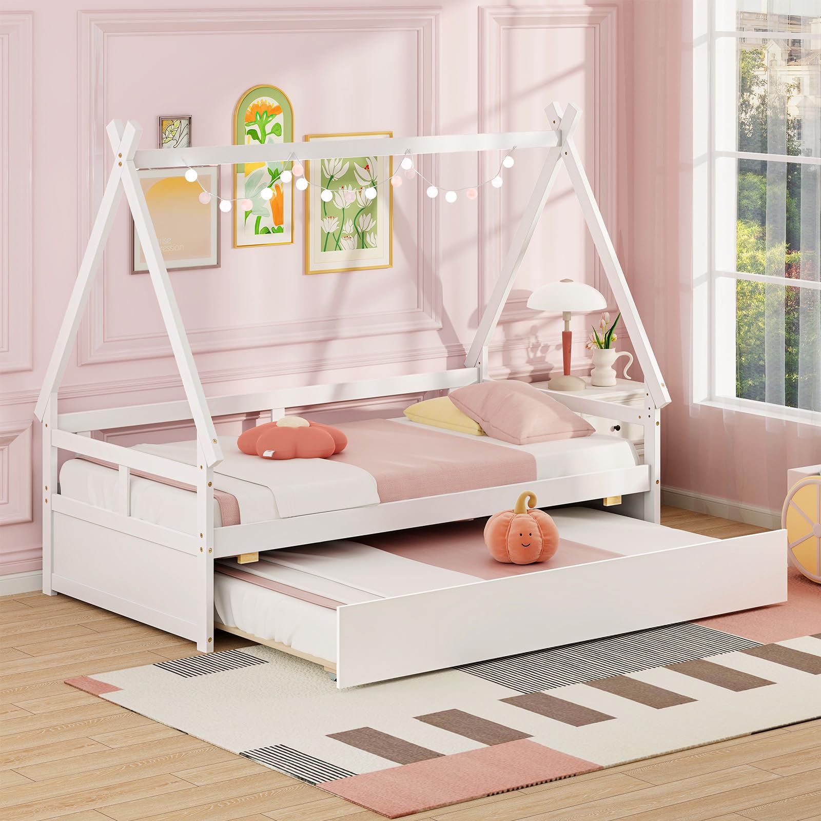 Giantex House Bed with Trundle Twin, Wood Montessori Bed Frame with Safety Guardrail, Low Kids Teepee Bed for Boys Girls Teens, No Box Spring Needed, White