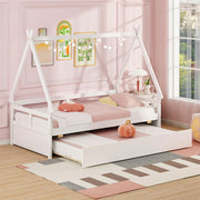 Giantex House Bed with Trundle Twin, Wood Montessori Bed Frame with Safety Guardrail, Low Kids Teepee Bed for Boys Girls Teens, No Box Spring Needed, White