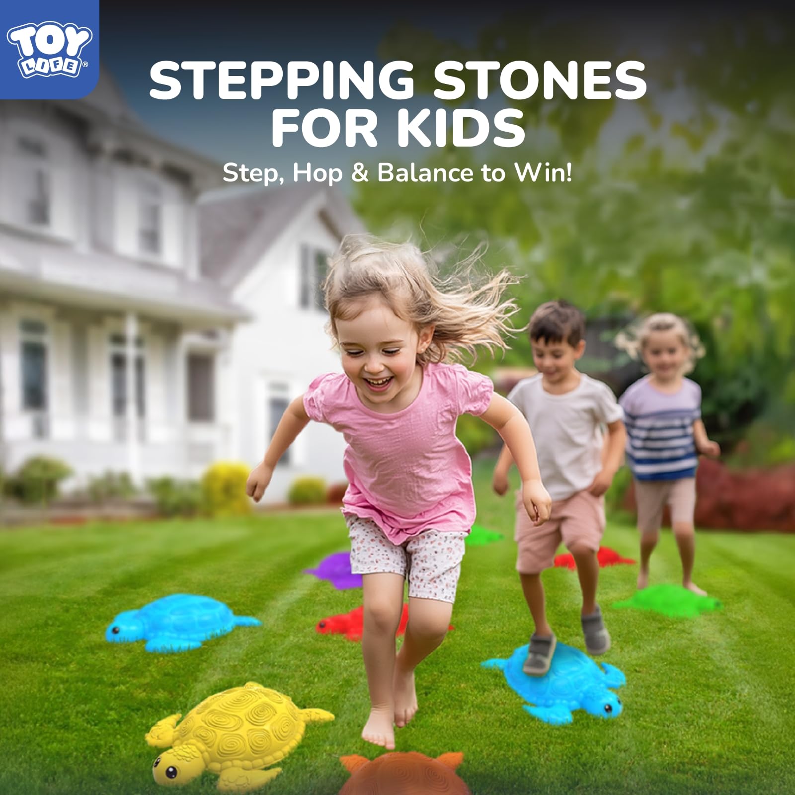 TOY Life 10 Pcs Turtle Balance Stepping Stone for Kids, Indoor Outside Toys for Kids Ages 4-8, Toddler Outdoor Toys, Stepping Stones Game, with Cards and Spinner