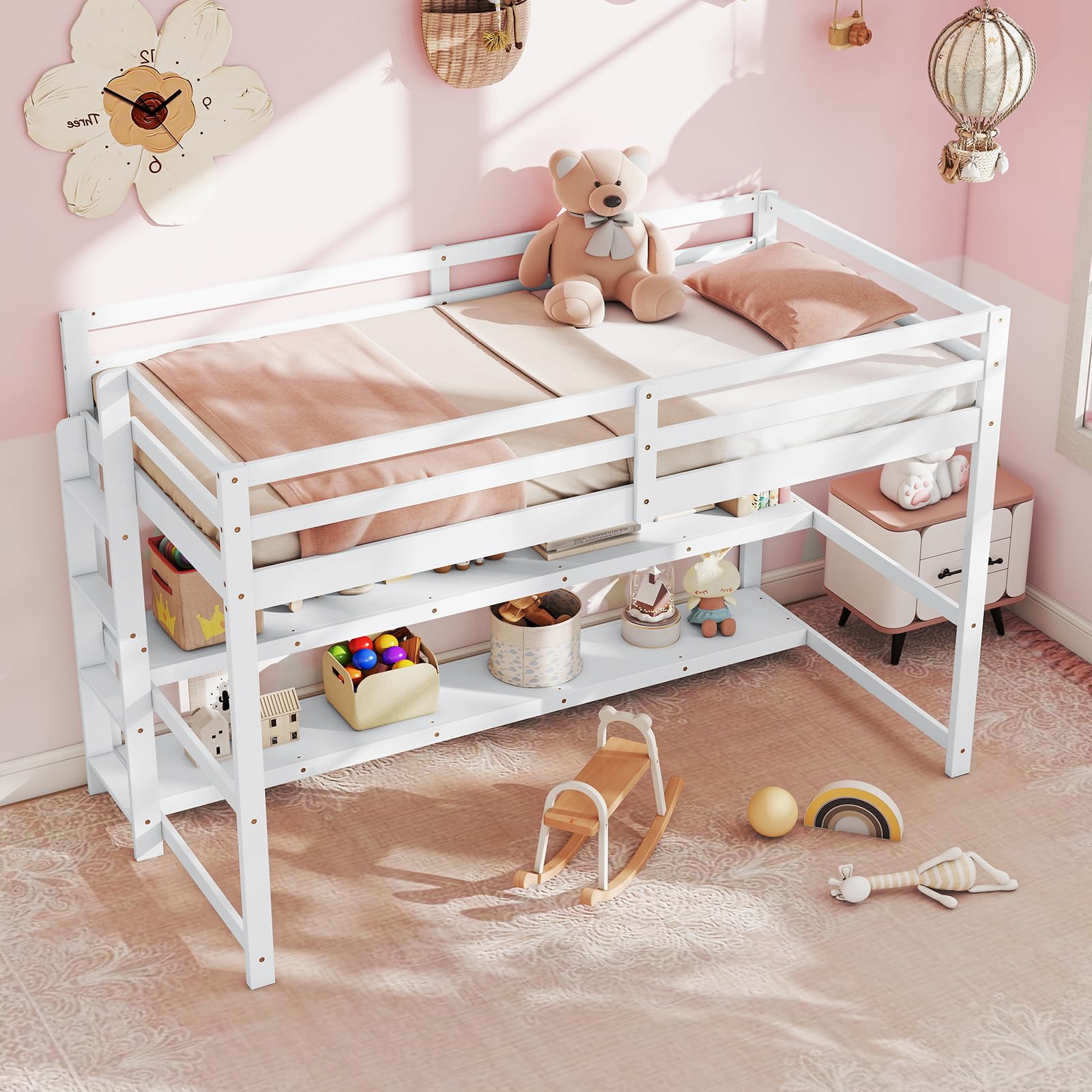 Twin Low Loft Bed with Storage Shelves, Wooden Loft Bed with Full-Length