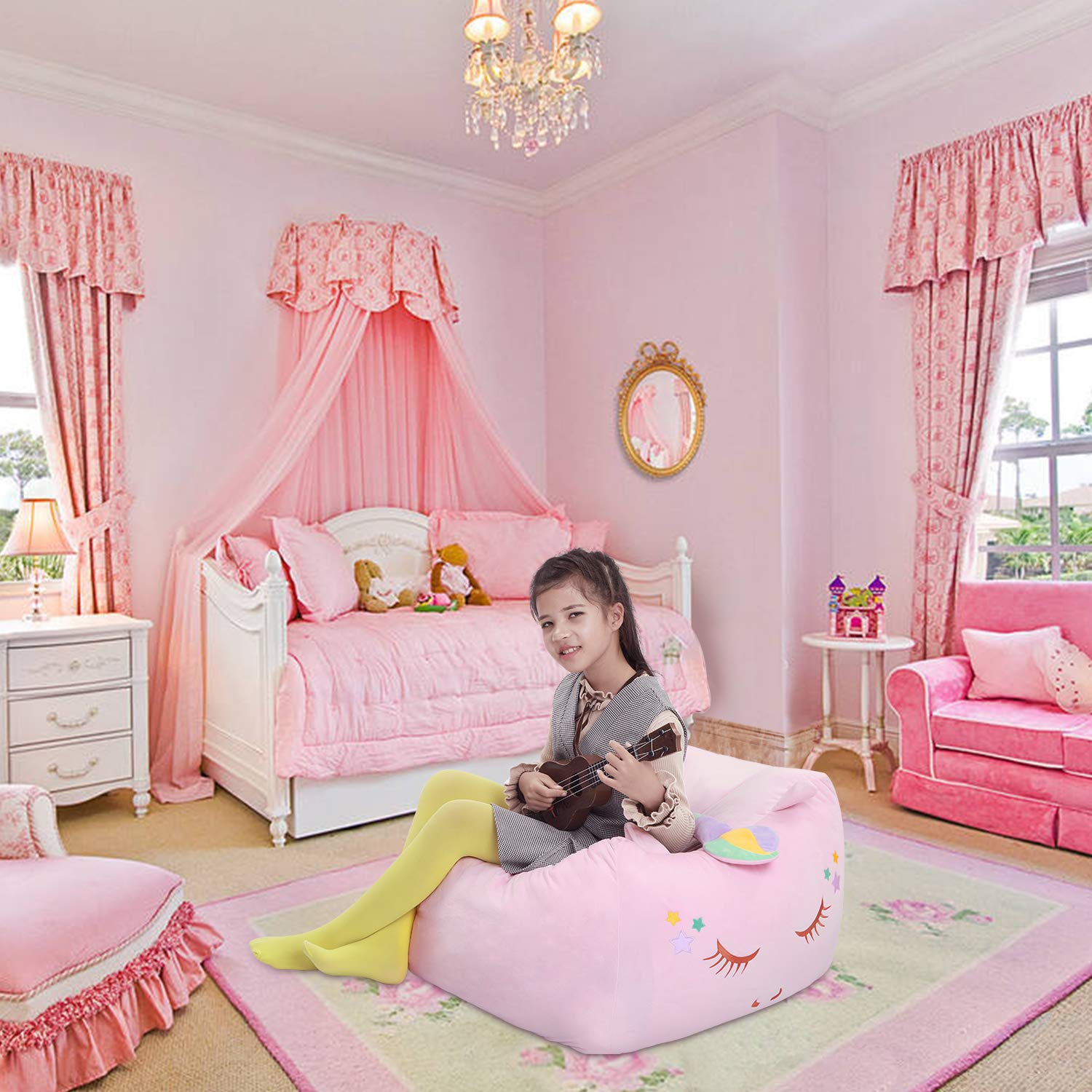 Unicorn Stuffed Animal Storage Bean Bag Chair Cover for Kids