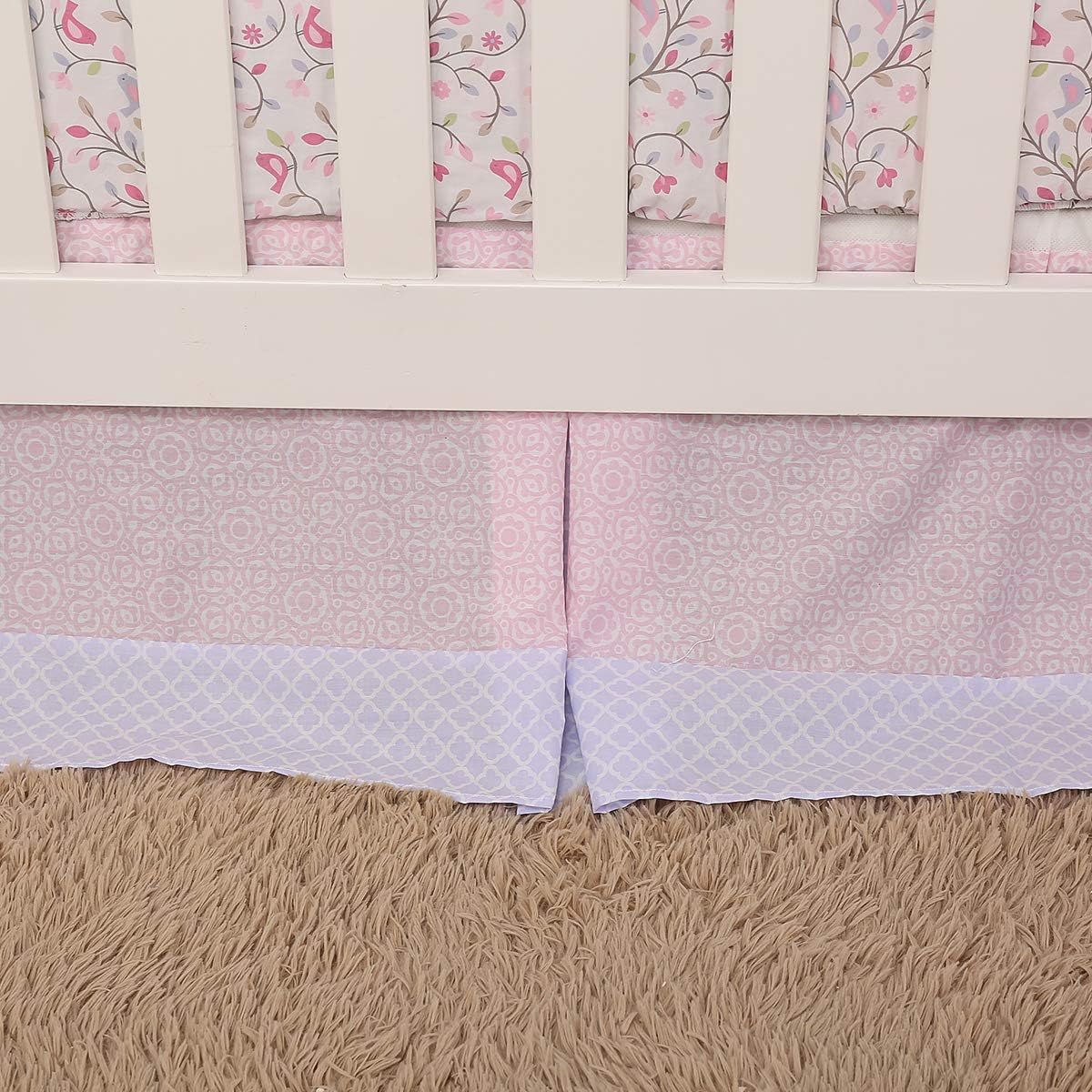 Pink Floral Happy Birds Nursery Bedding Set 4 PCs Embroidered Flowers Birds Bedding Crib Set Quilt + Fitted Sheet + Skirt + Window Valance (4 PCs Bedding Set)