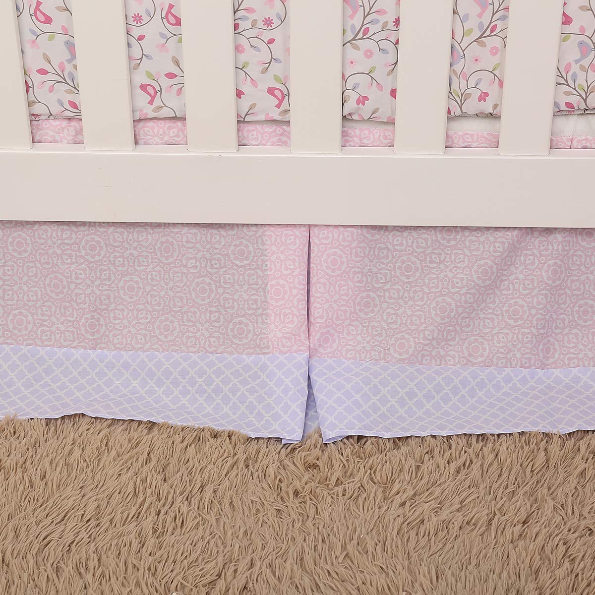 Pink Floral Happy Birds Nursery Bedding Set 4 PCs Embroidered Flowers Birds Bedding Crib Set Quilt + Fitted Sheet + Skirt + Window Valance (4 PCs Bedding Set)