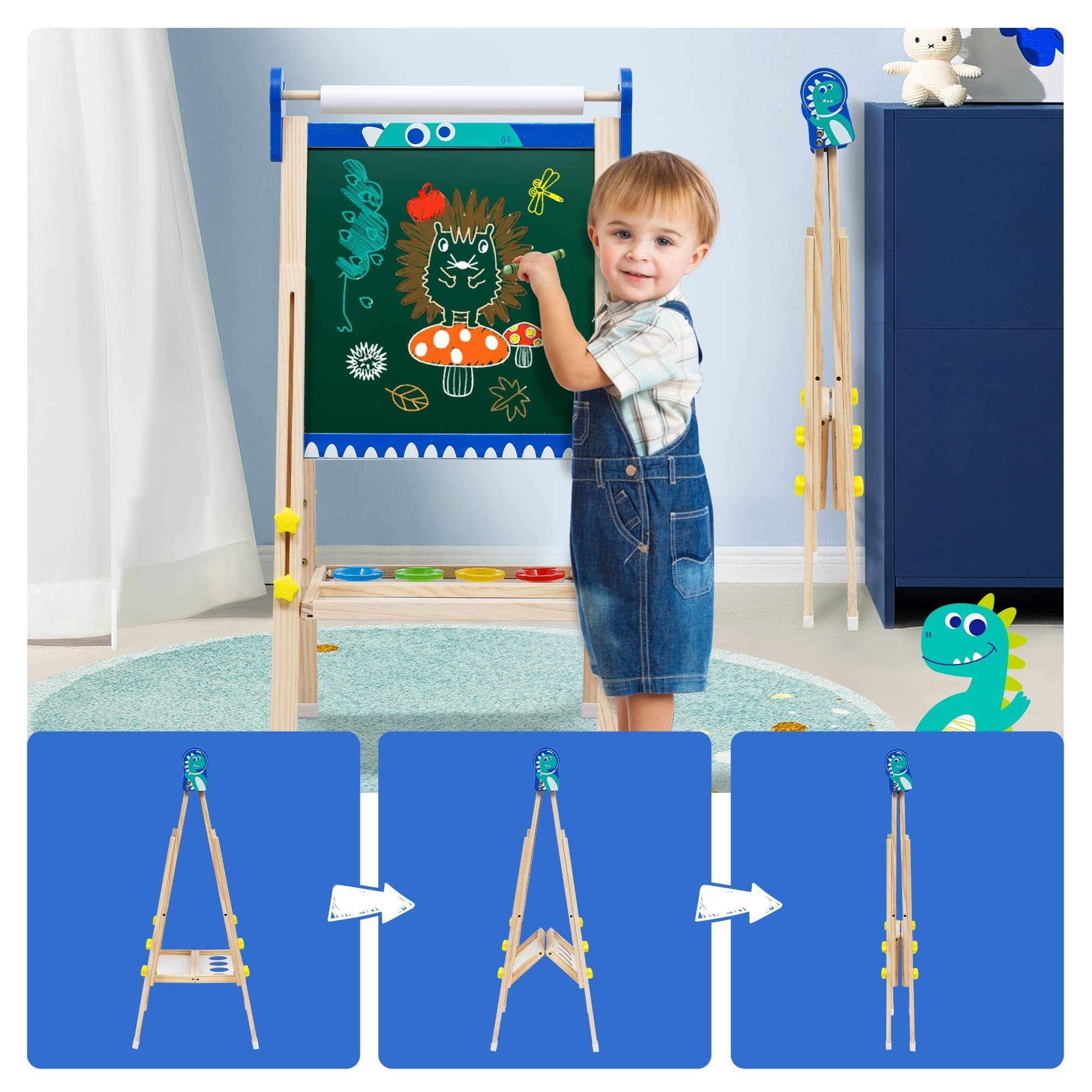 Kids Wooden Art Easel with Paper Roll,Foldable Double-Sided Easel with Whiteboard & Chalkboard,Height-Adjustable Drawing Board for Girls Boys Toddlers Aged 3-5/4-8,Ideal Gift for Christmas,Birthday