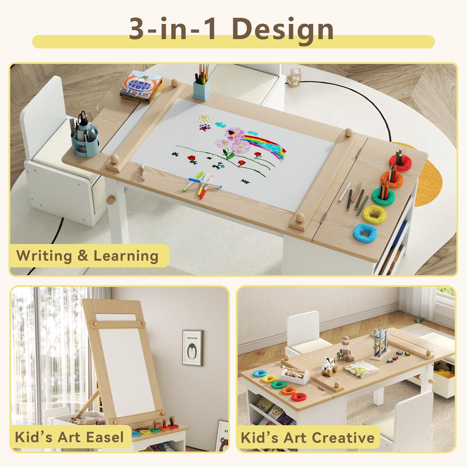 3-in-1 Kids Art Table and Chair Set with Storage