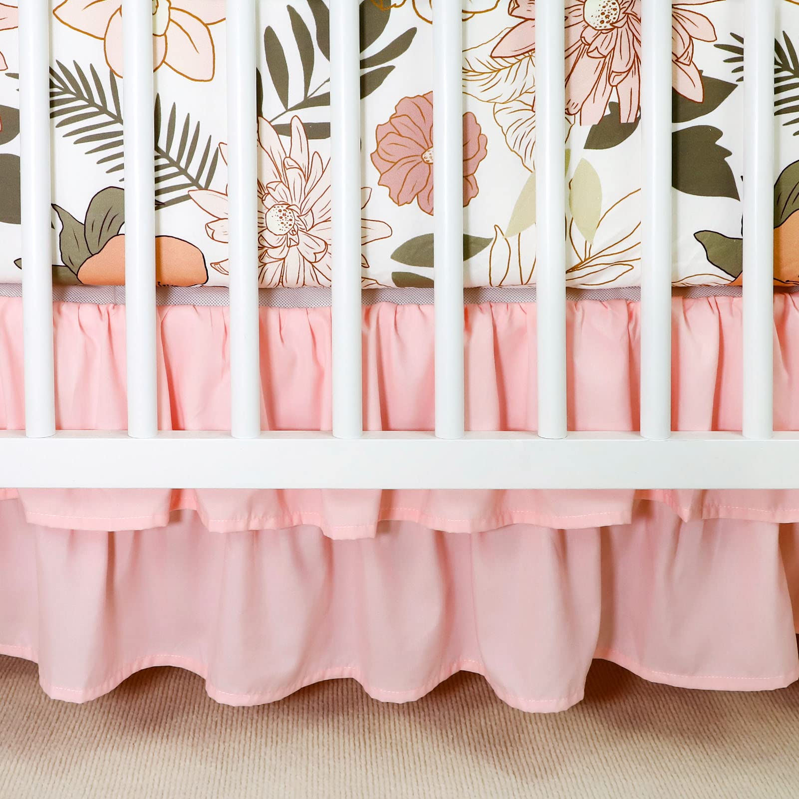 4-Piece Crib Bedding Set for Girls with Quilt, Sheet, Skirt and Diaper Stacker