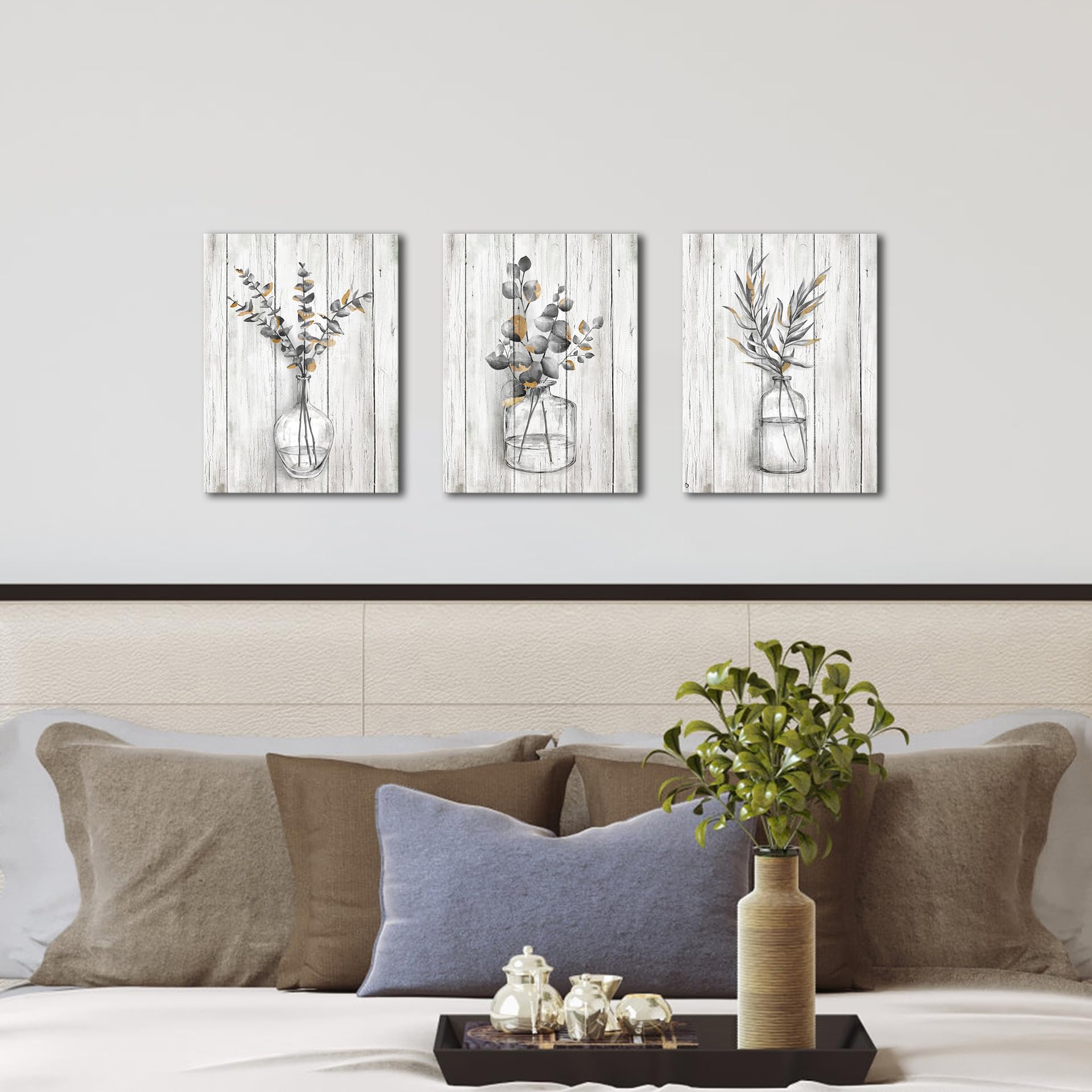 Grey Gold Wall Art Botanical Pictures Rustic Leaf Canvas Painting