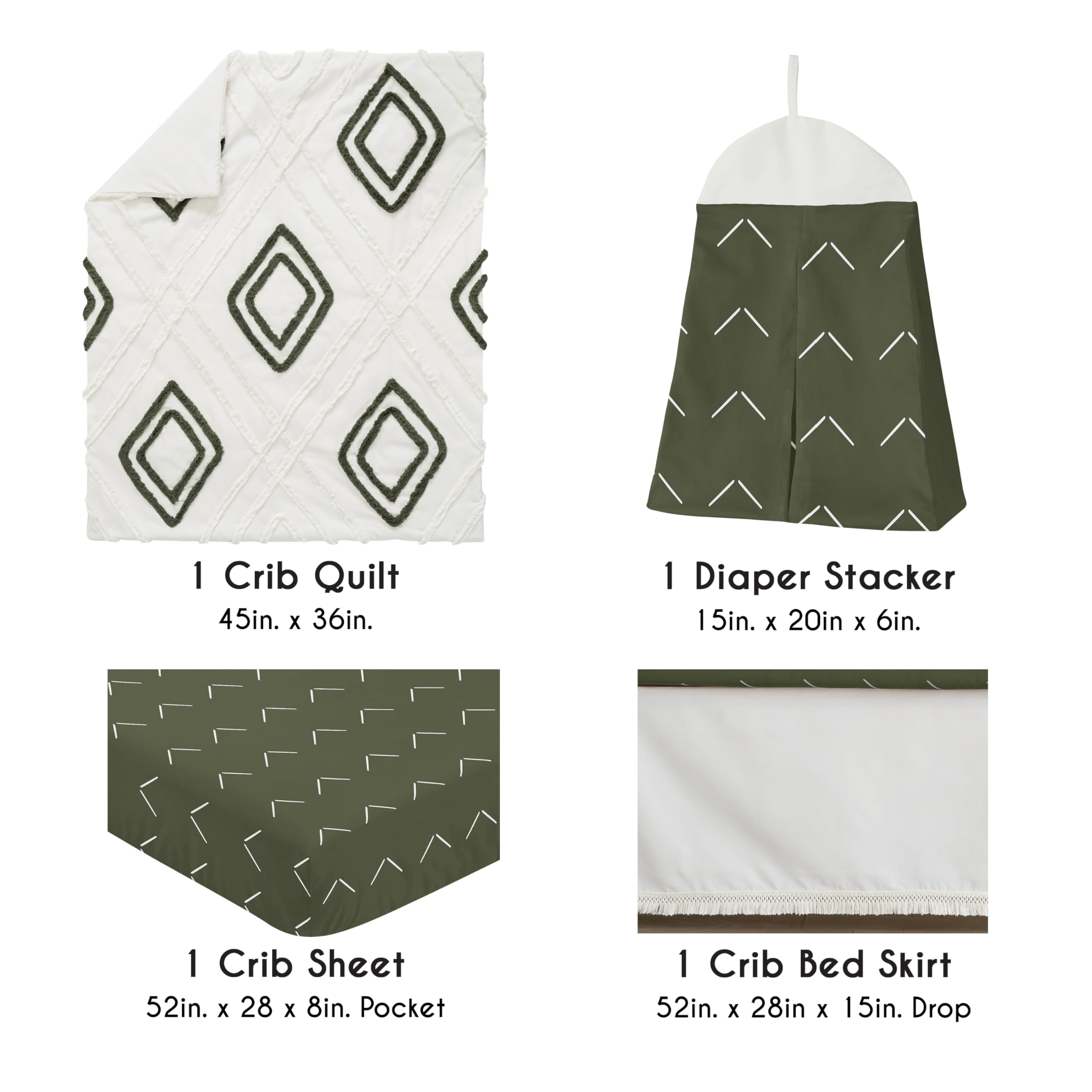 4-Piece Boho Crib Bedding Set - Sage Green Diamond Tufted