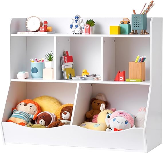 Wood Kid Storage Cubby, Toy Storage Organizer with Bookshelf