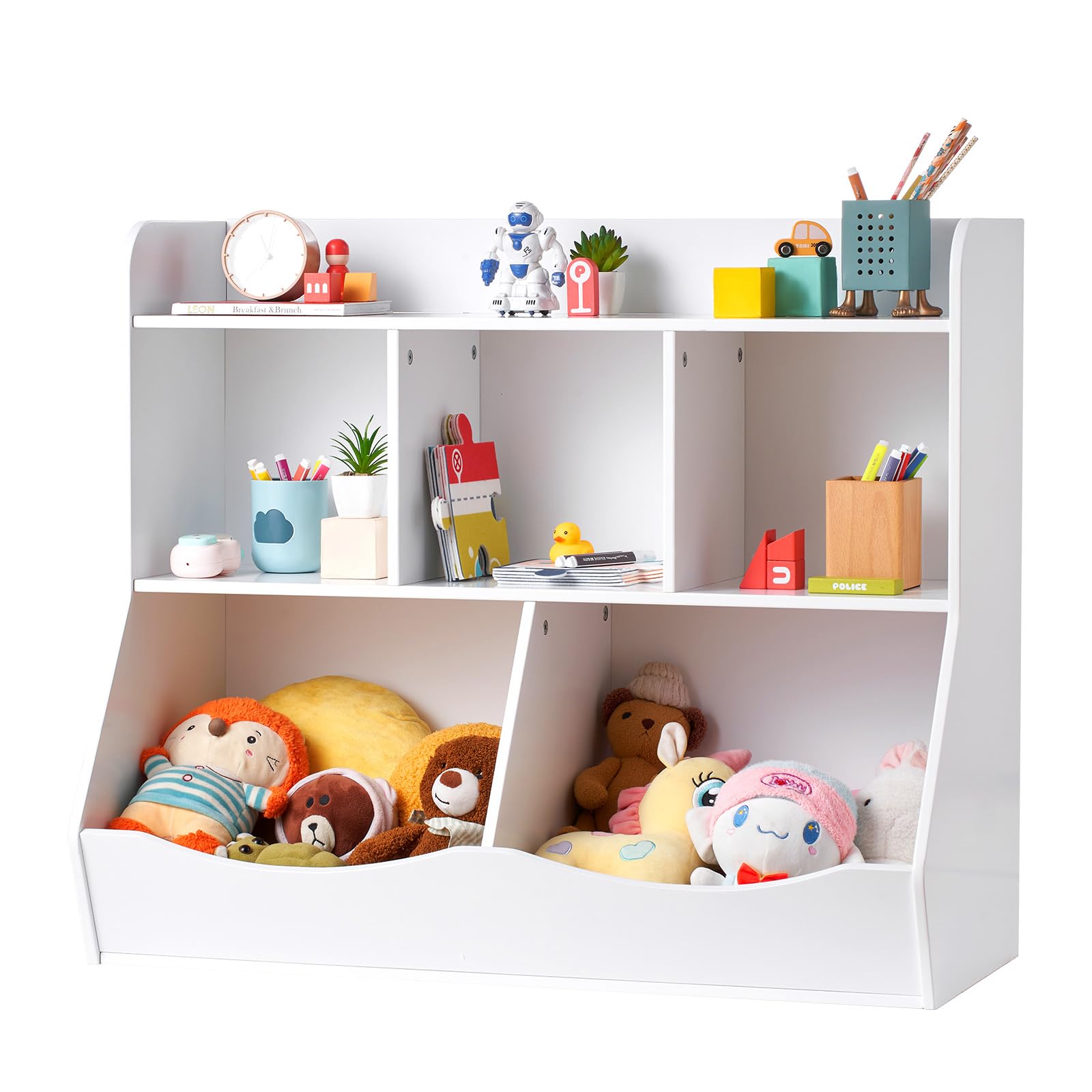 Wood Kid Storage Cubby, Toy Storage Organizer with Bookshelf