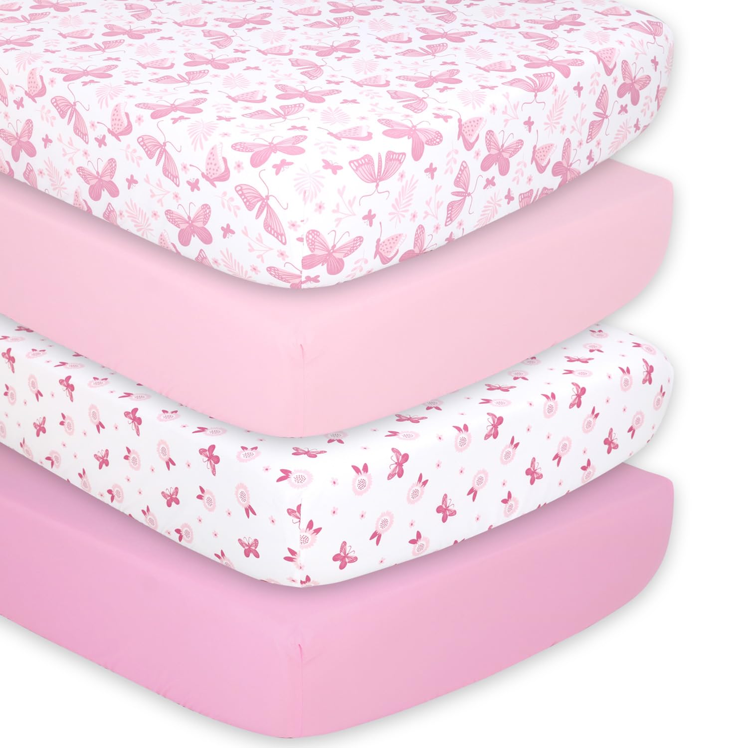 Butterfly Fitted Crib Sheets for Baby Girls - 4 Pack Pink Nursery Bedding