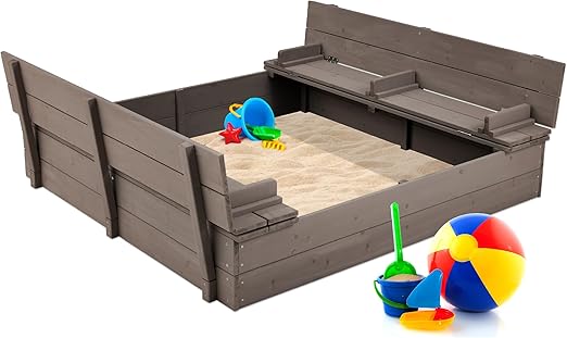 Kids' Outdoor Wooden Sandbox Large, Cedar Wood with Foldable Bench