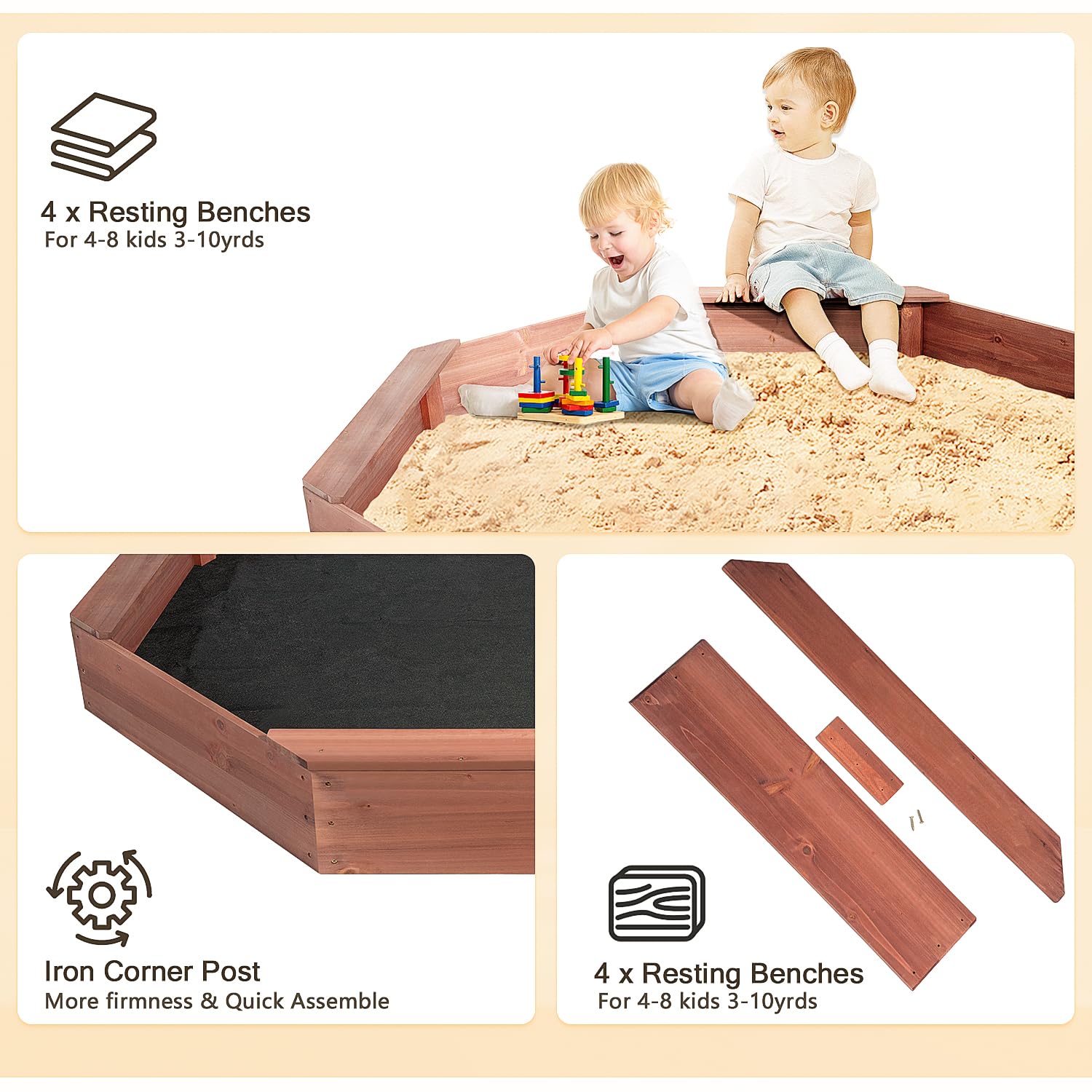 Octagonal Wooden Sandbox with Cover and Bench Seats