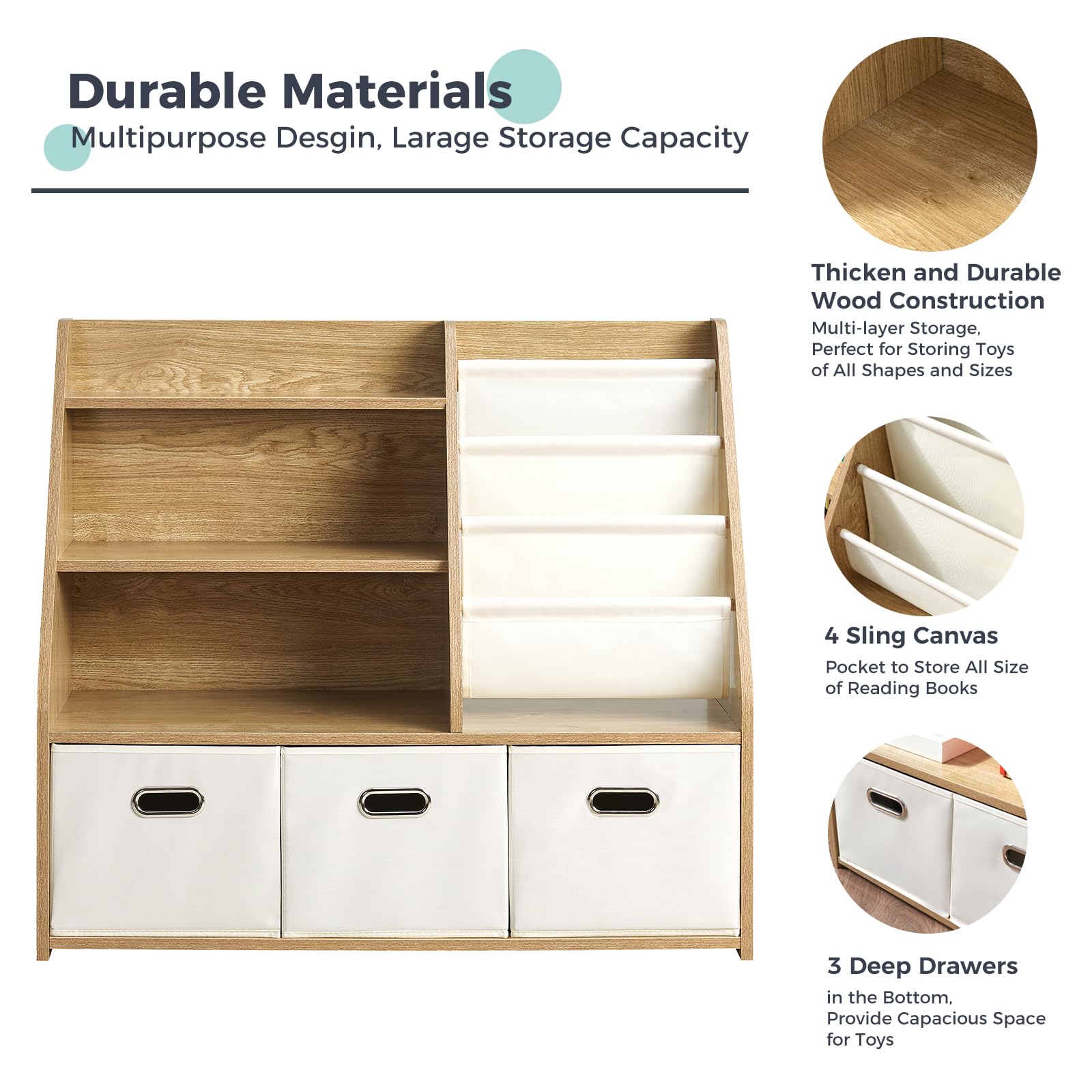 Kids Bookshelf with Storage Bins and Display Shelf
