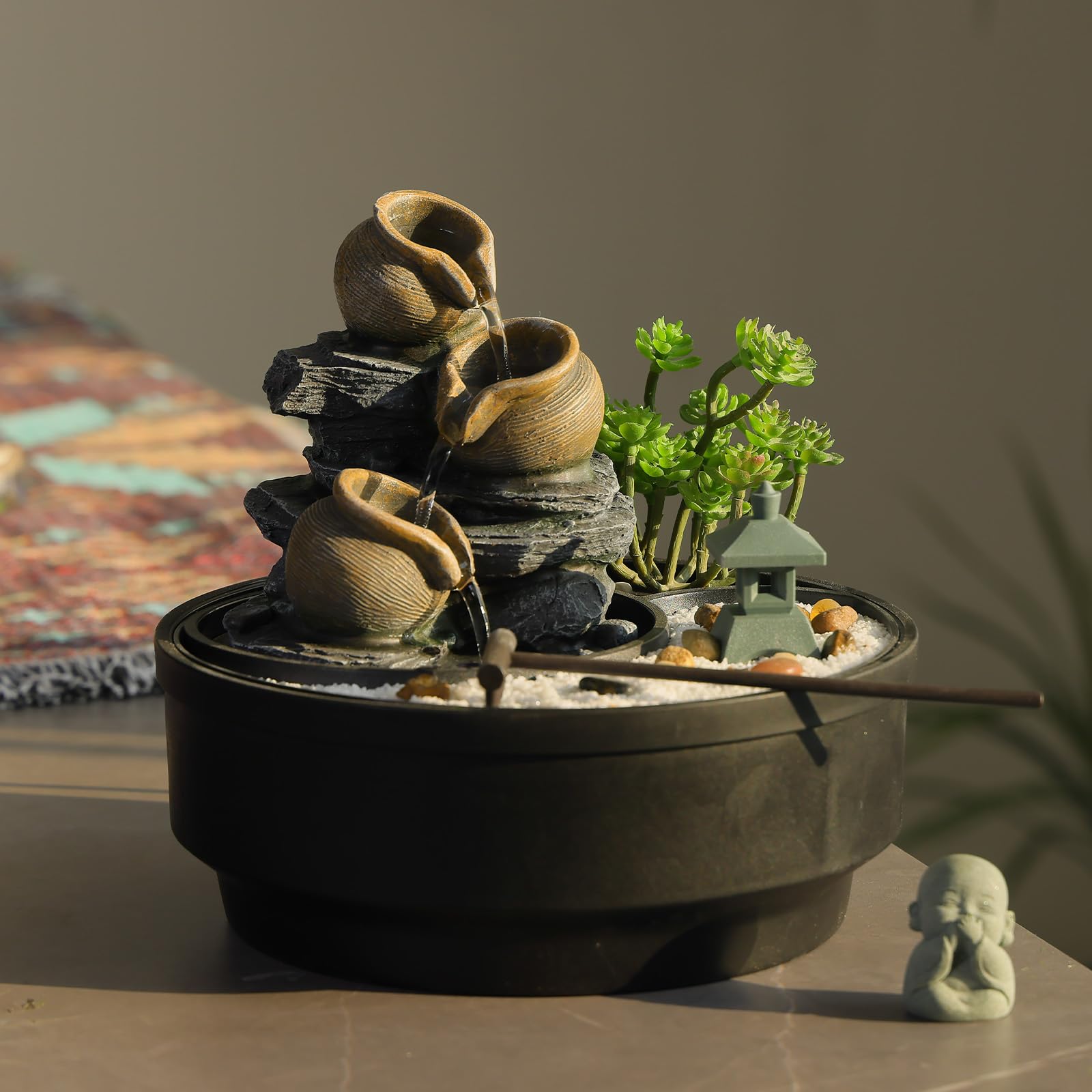 Tabletop Water Fountain with LED Lights and Pagoda Design