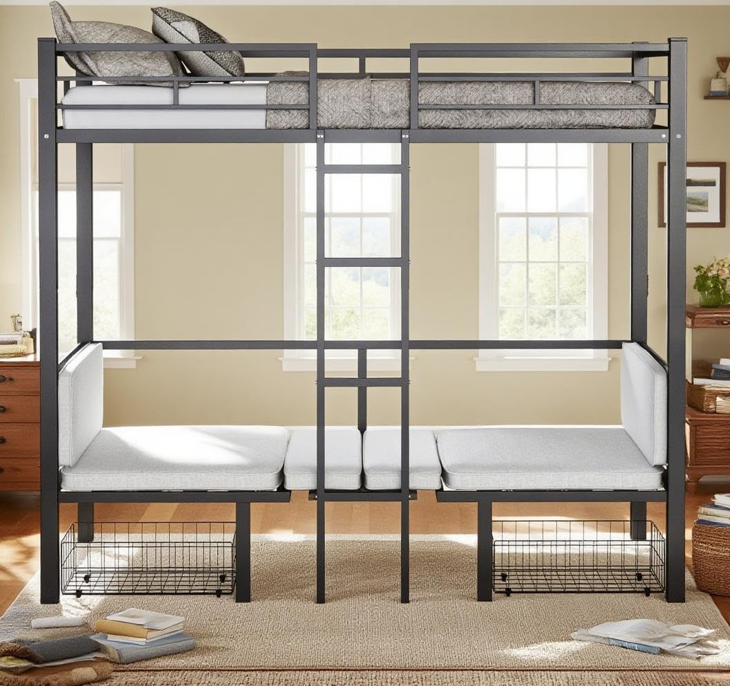 Full Size Loft Bed with Desk and Drawers, Convertible Twin Over T