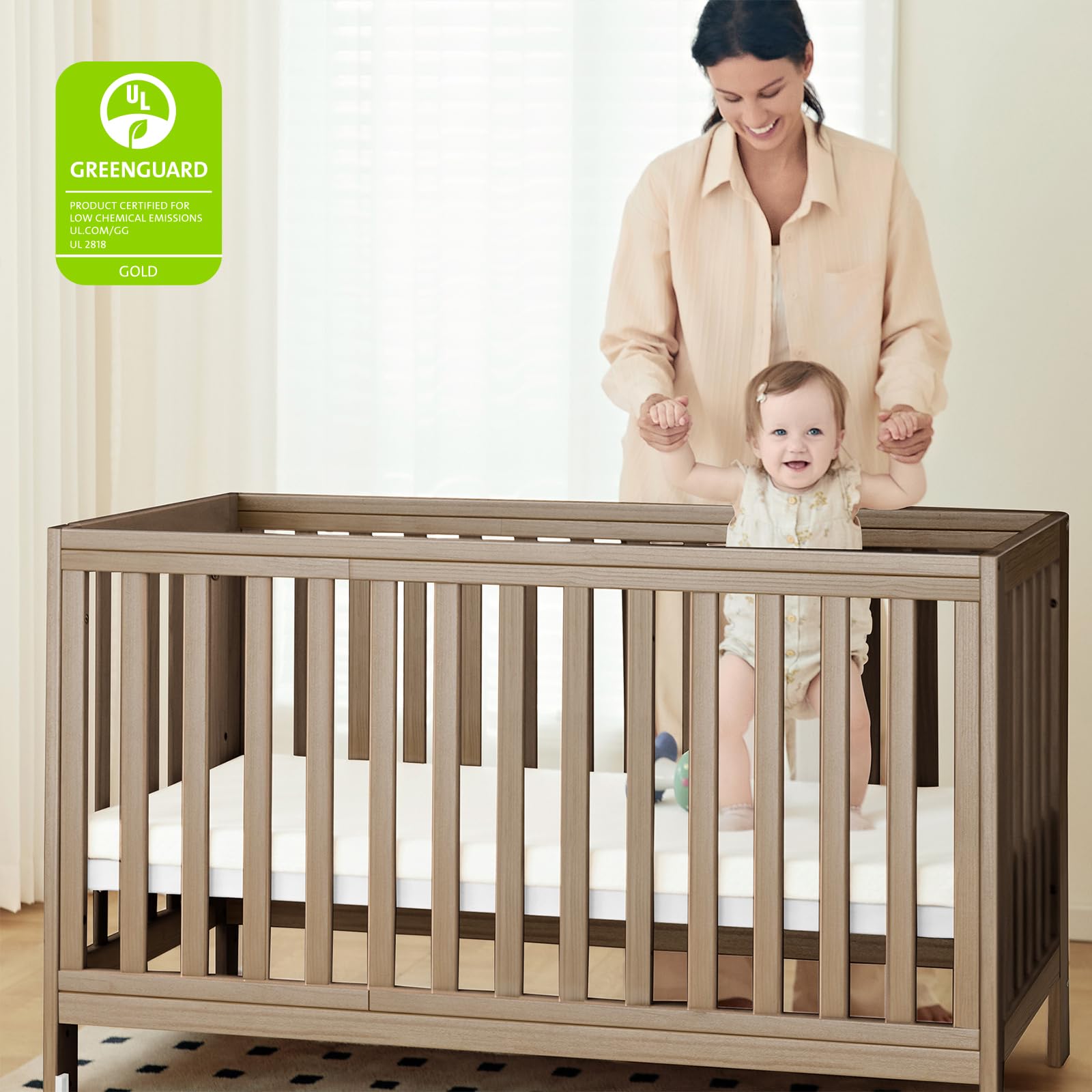 11-in-1 Convertible Baby Crib with Wheels and Adjustable Mattress Height