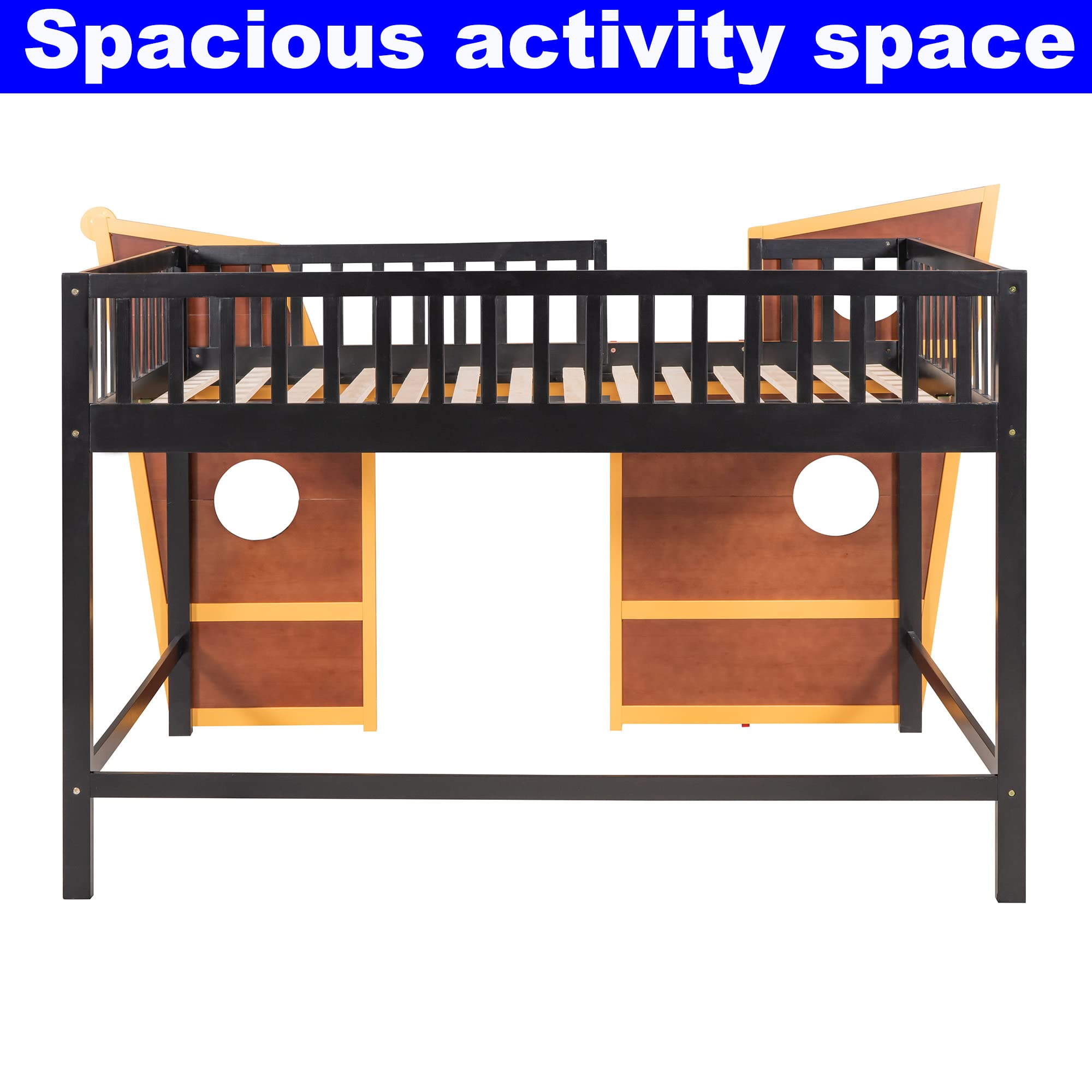 Full Size Low Loft Bed with Boat Design and Safety Rail