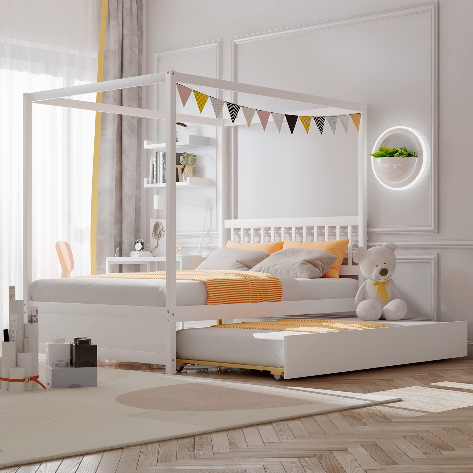 Canopy Bed with Trundle, Full Size Kids Solid Wood Platform Bed Frame