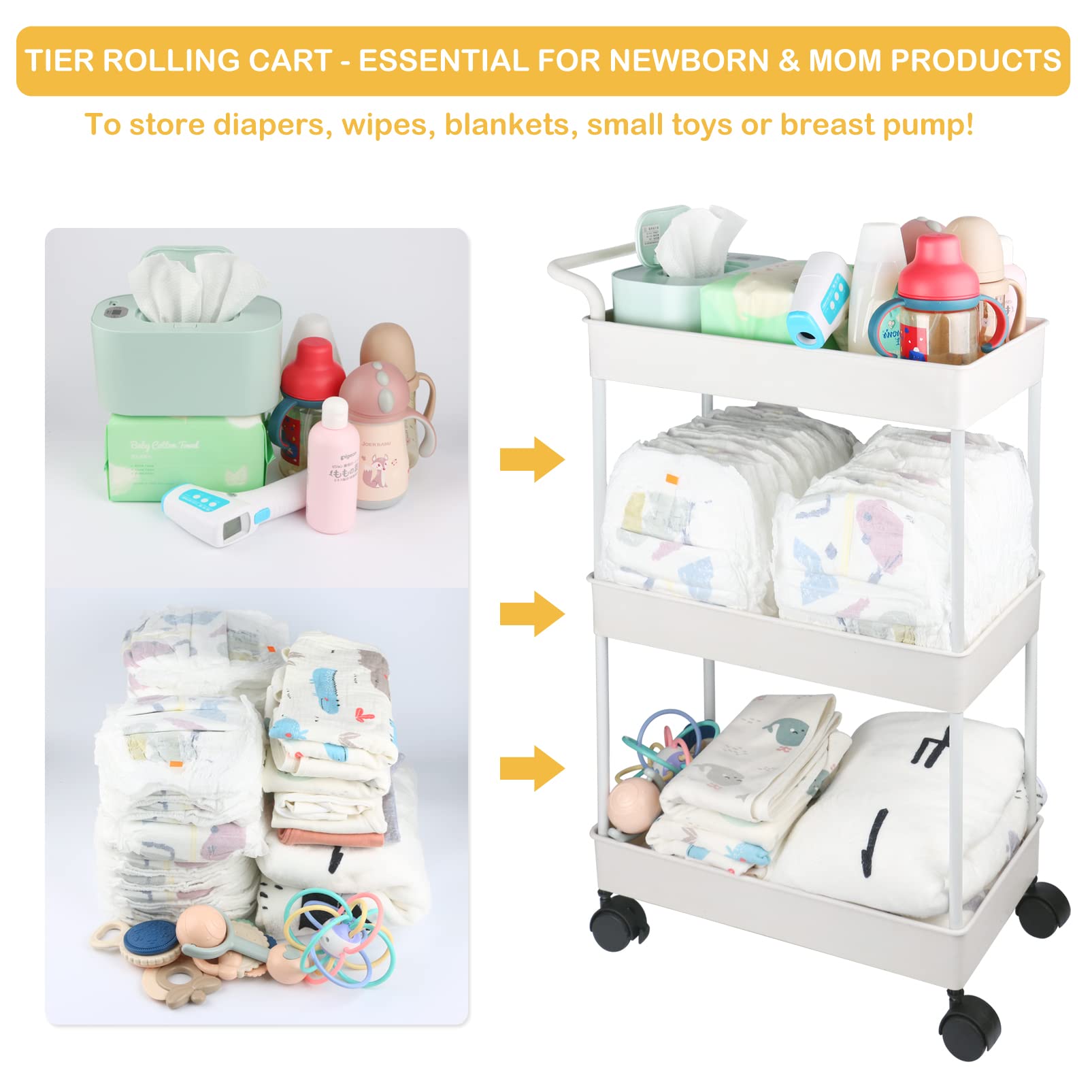 3-Tier Rolling Baby Diaper Caddy Organizer with Wheels