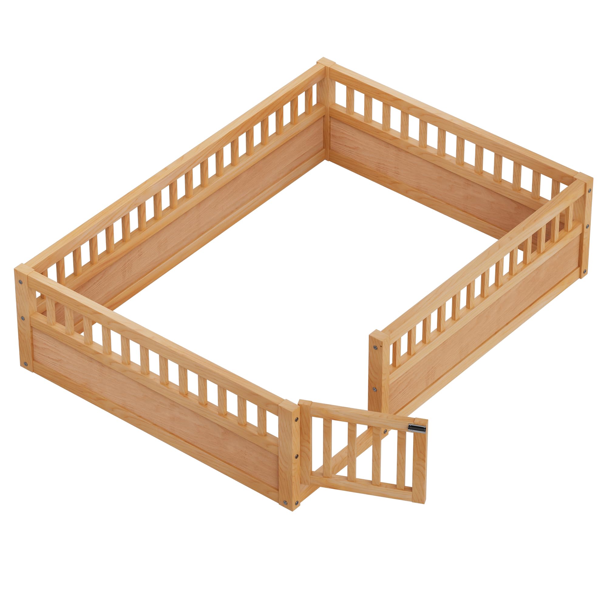 Full Size Floor Bed Frame with Convertible Door & Guardrails
