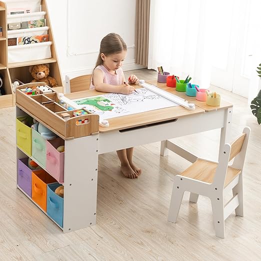 Kids Art Table and Chair - Toddler Craft Table and Chairs Set with 2 Chair & Bins