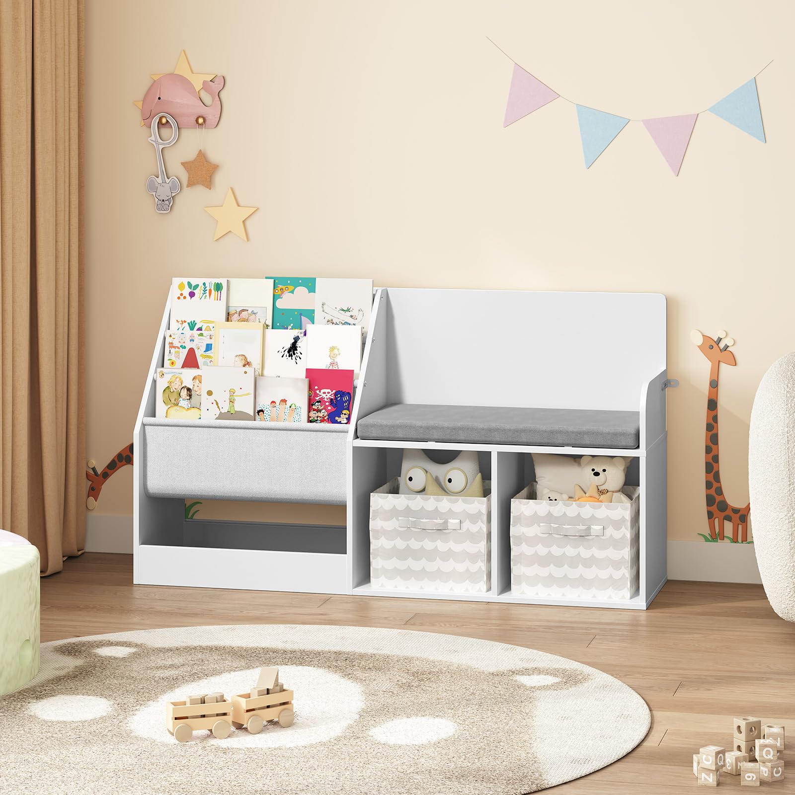 42.1" Kids Bookshelf with Reading Nook, Toy Storage Organizer