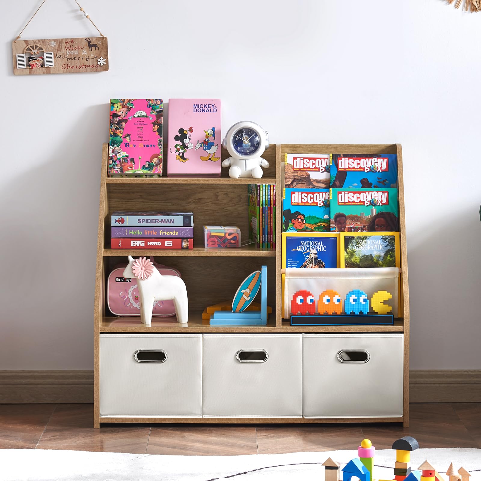 Kids Bookshelf with Storage Bins and Display Shelf
