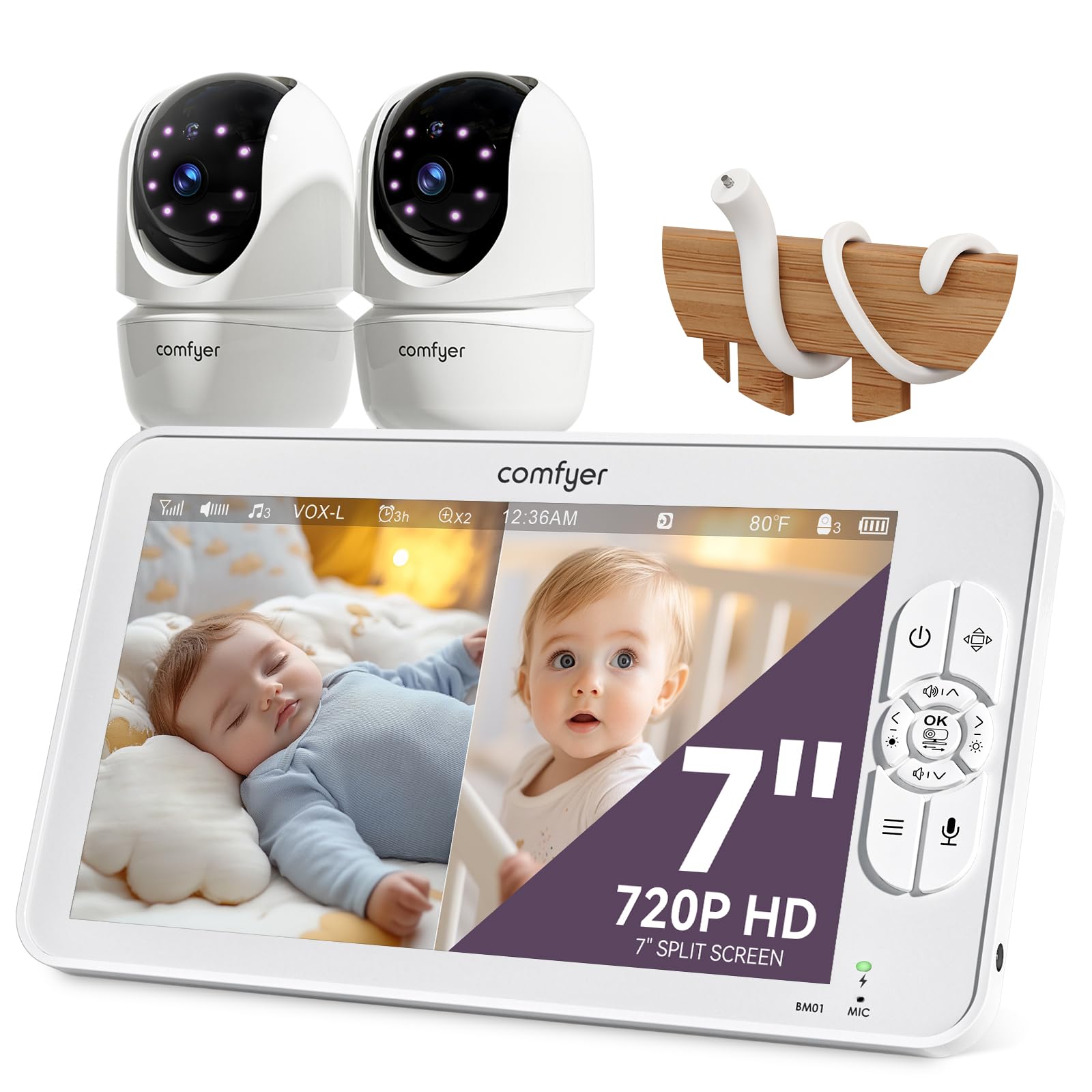 Comfyer 7" Split-Screen Baby Monitor with 2 1080P Cameras, 720P HD No WiFi Monitor with a Flexible Bracket, Video Baby Monitor with Camera and Audio, 2 Way Audio, Remote PTZ, Auto Night Vision