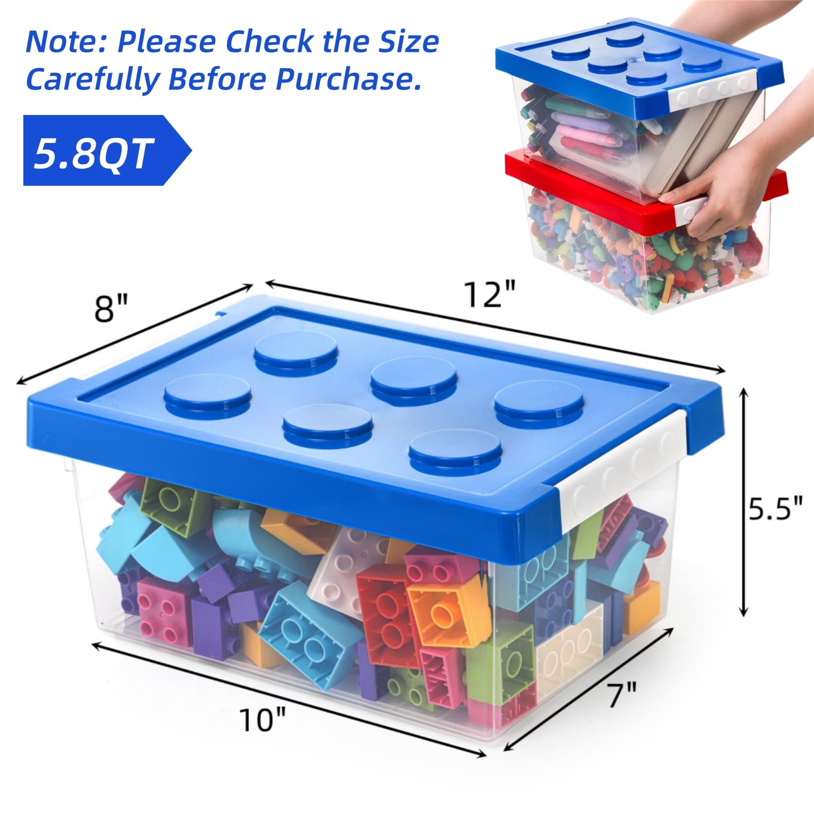 6QT Stackable Toy Storage Containers with Lids - 4 Pack Brick Shaped Organizer Bins