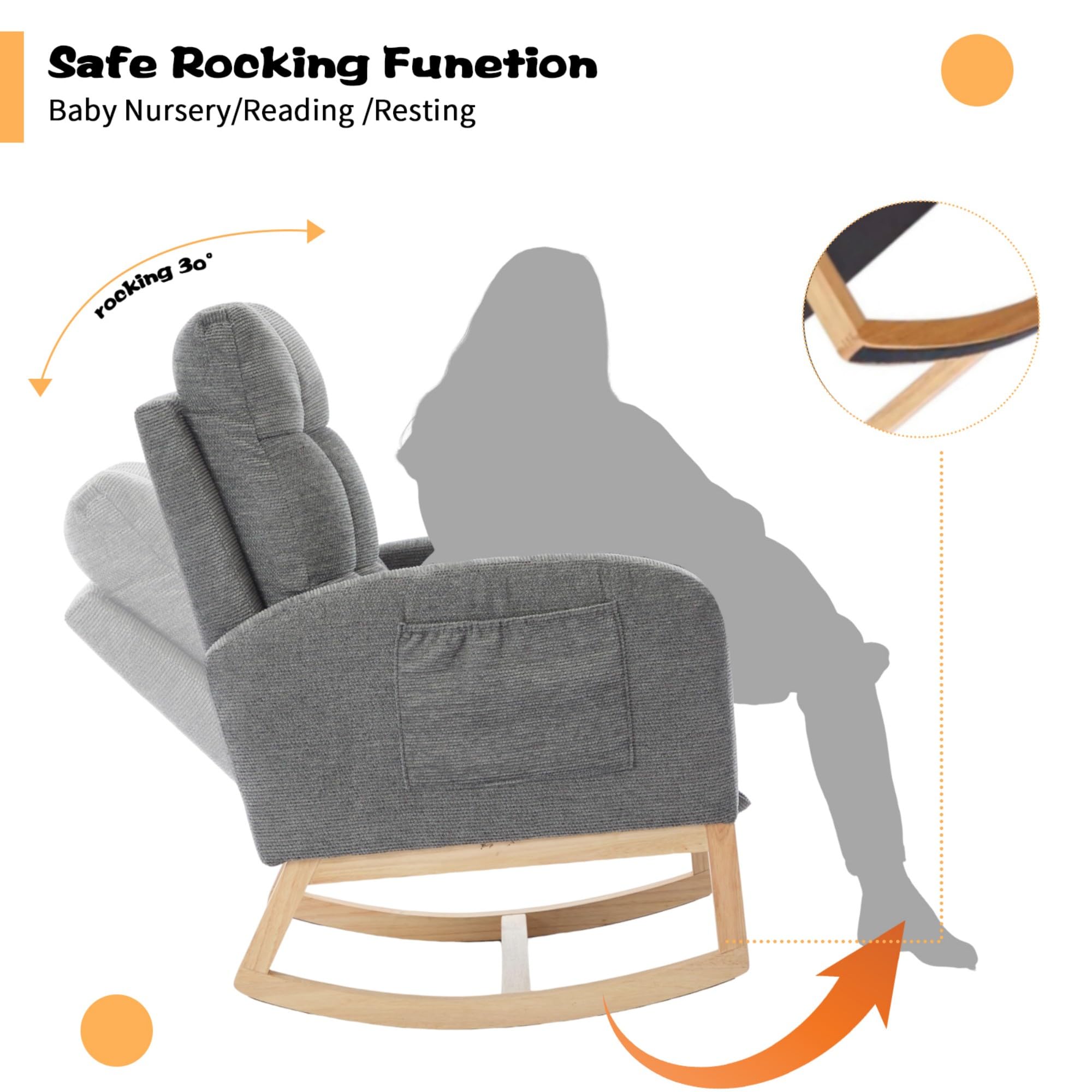 Nursery Rocking Chair with Adjustable Footrest and Side Pockets