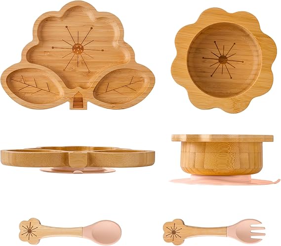 Suction Plates Bowls Set for Baby Toddler - Includes Bamboo Bowl