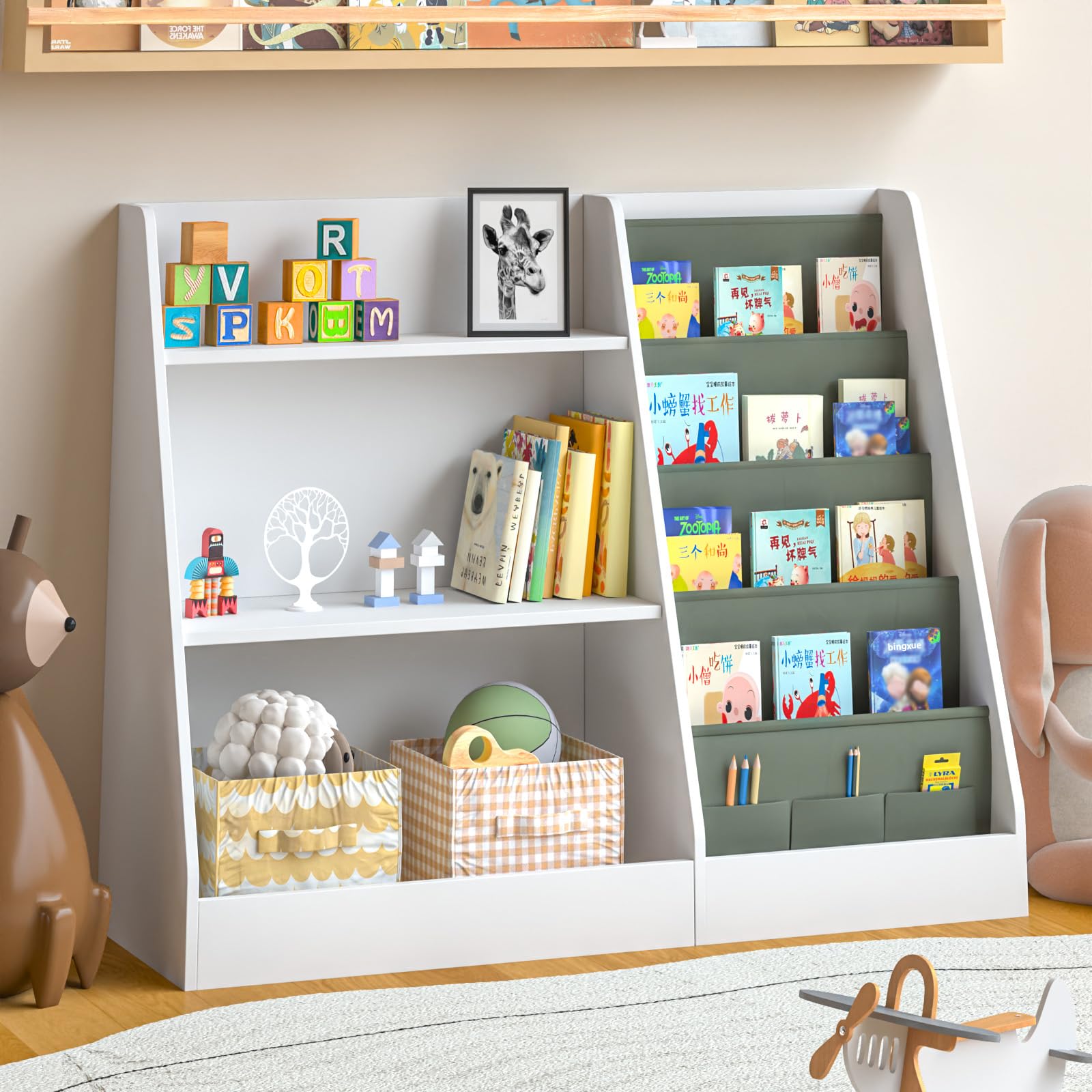 3-Tier Kids Bookshelf with Storage Bags