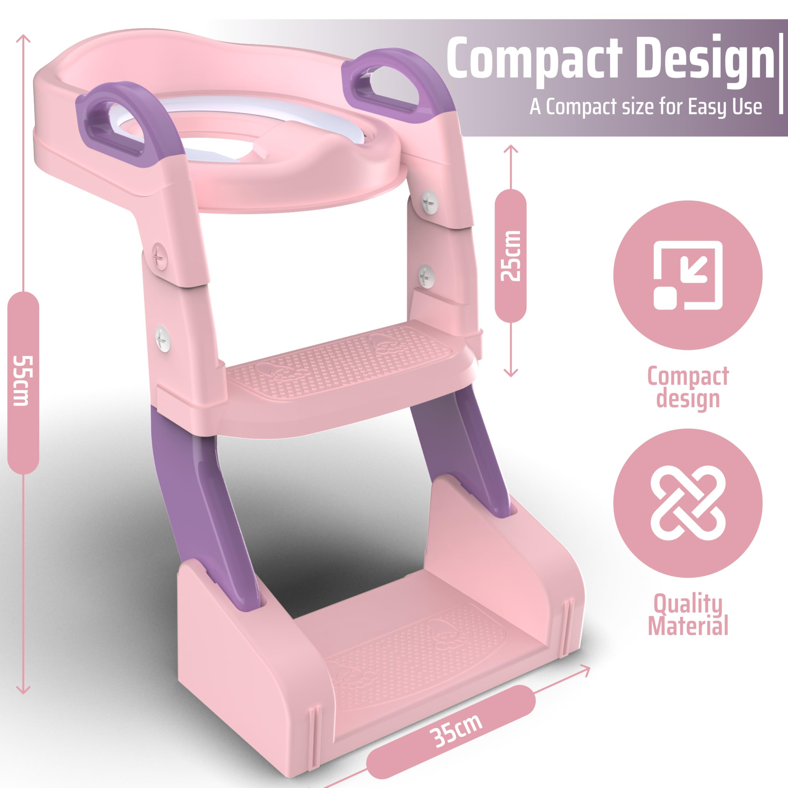 3-in-1 Toddler Potty Training Toilet with Ladder, Easy Assembly, Collapsible Potty Training Seat, Anti-slip Foldable Toddler Toilet Seat with Adjustable Step Stool For Kids Boys And Girls (Pink)