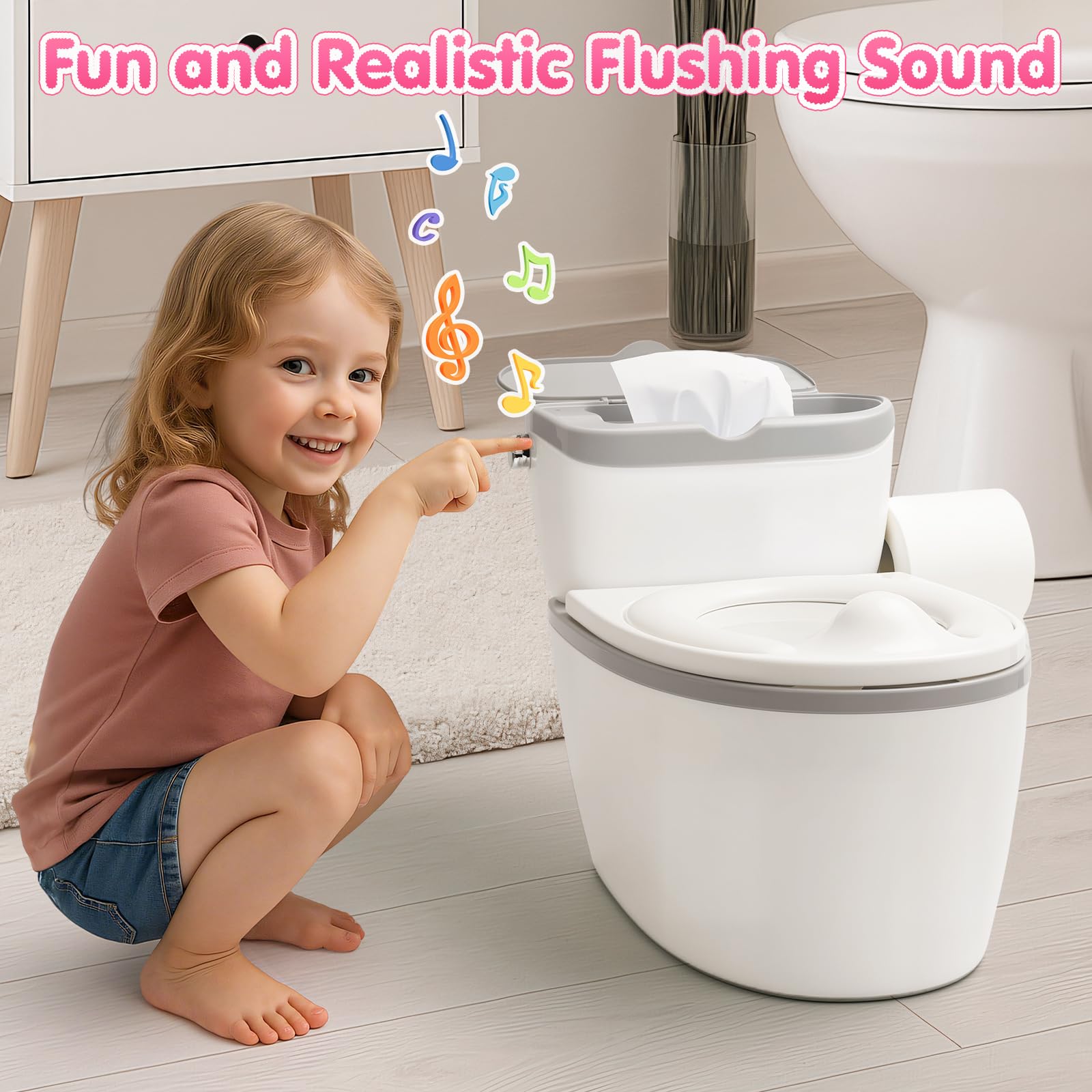 TOSGN 3-in-1 Toddler Potty Training Toilet, for Ages 6 Months+, Realistic Potty Training Seat with Flushing Sound, Wipes Storage, Toilet Paper Holder