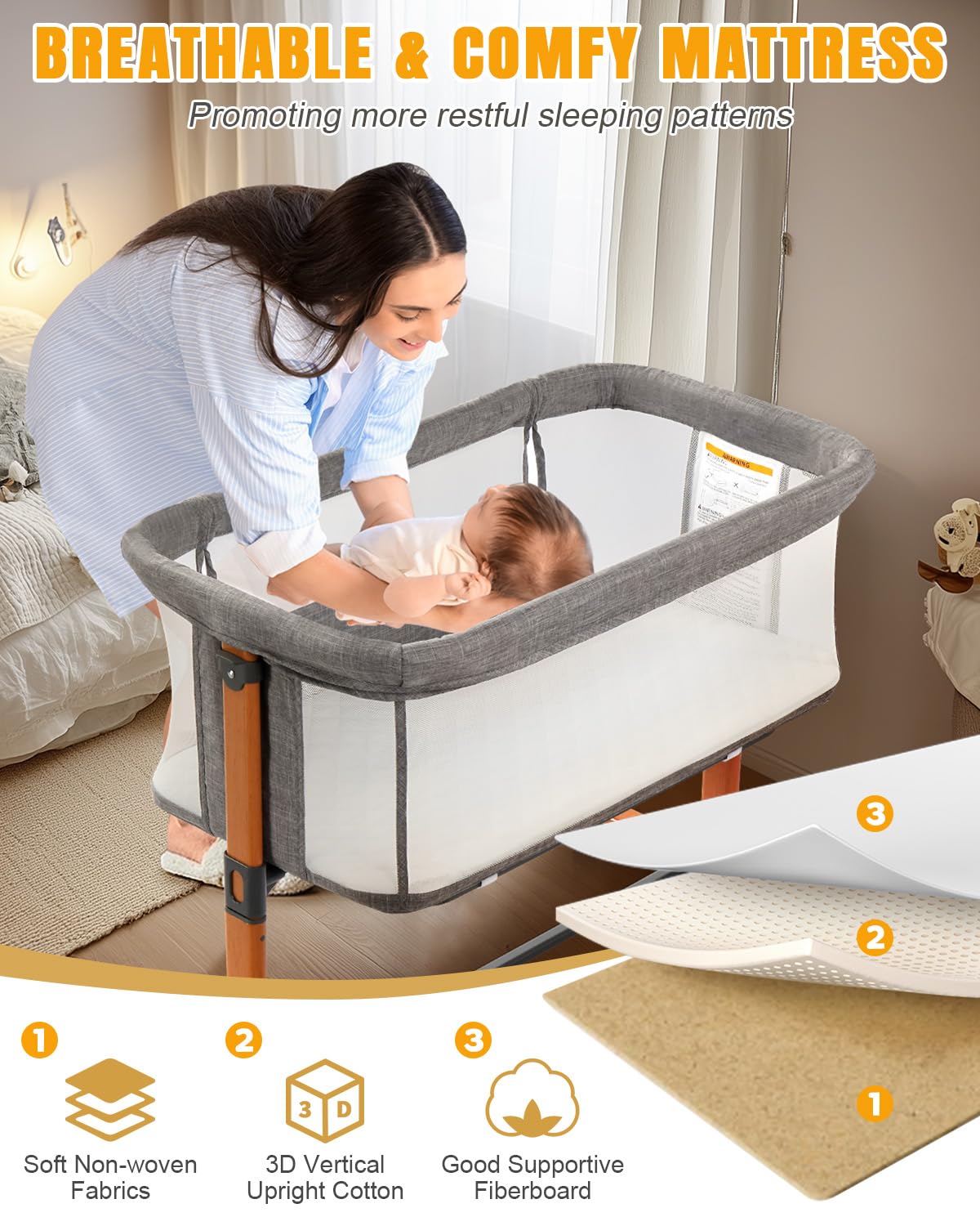 Bedside Baby Bassinet with Adjustable Height