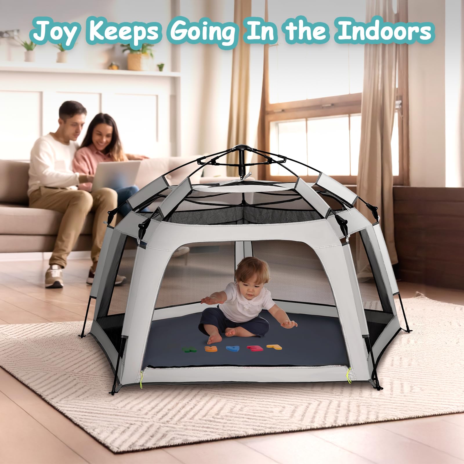 Funsland Baby Playpen Pop-up Tent - Outdoor & Indoor Play Tent for Beach with Canopy Travel Bag Portable Play Yard for Babies & Toddlers (Gray)
