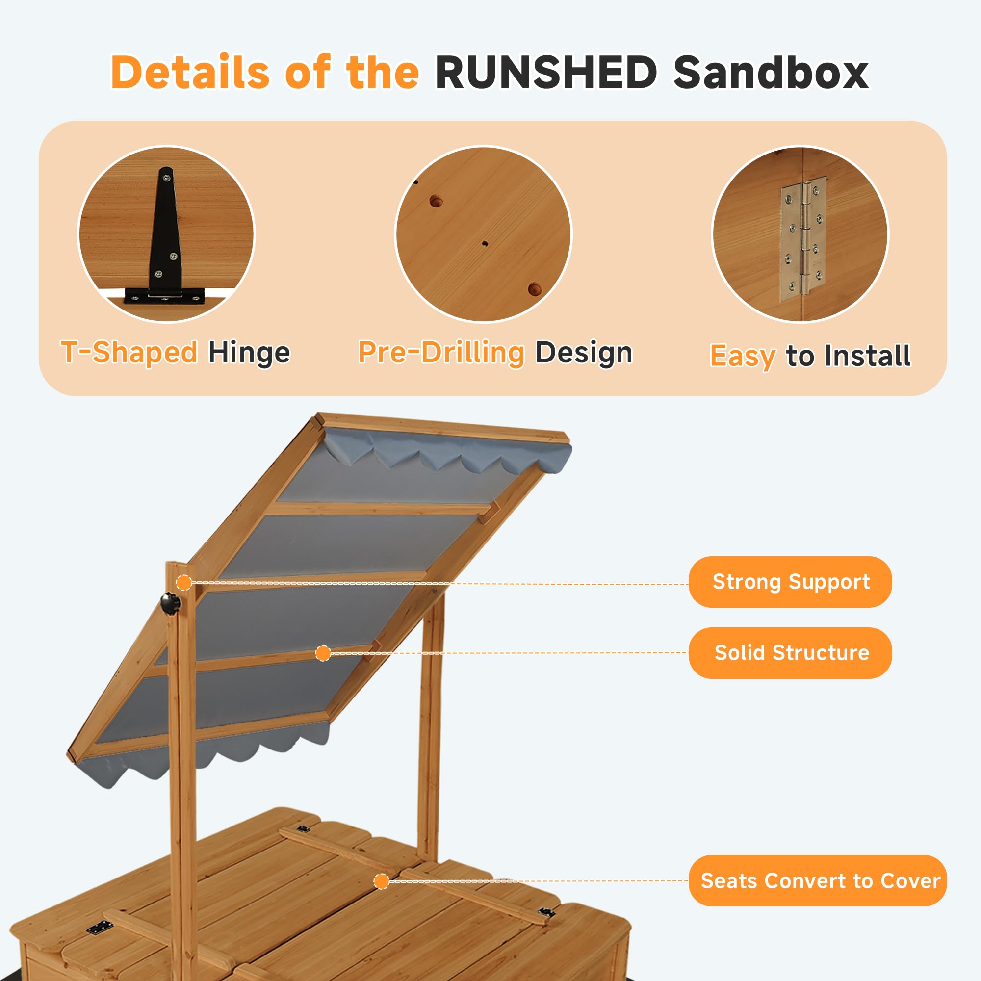 Wooden Sandbox with Canopy and Bench Seats