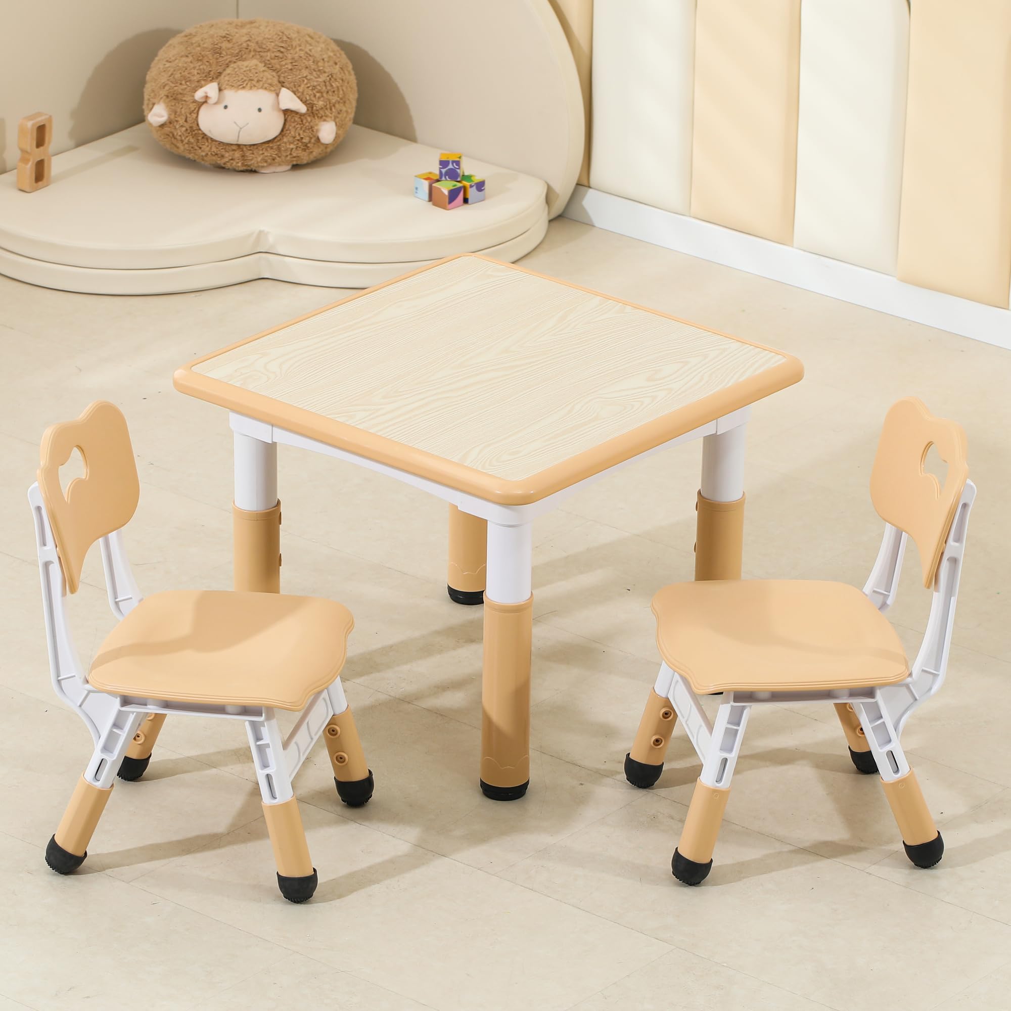 MWBrown-2chairs Kids Table and Chairs, Height-Adjustable Toddler Table and Chair Set
