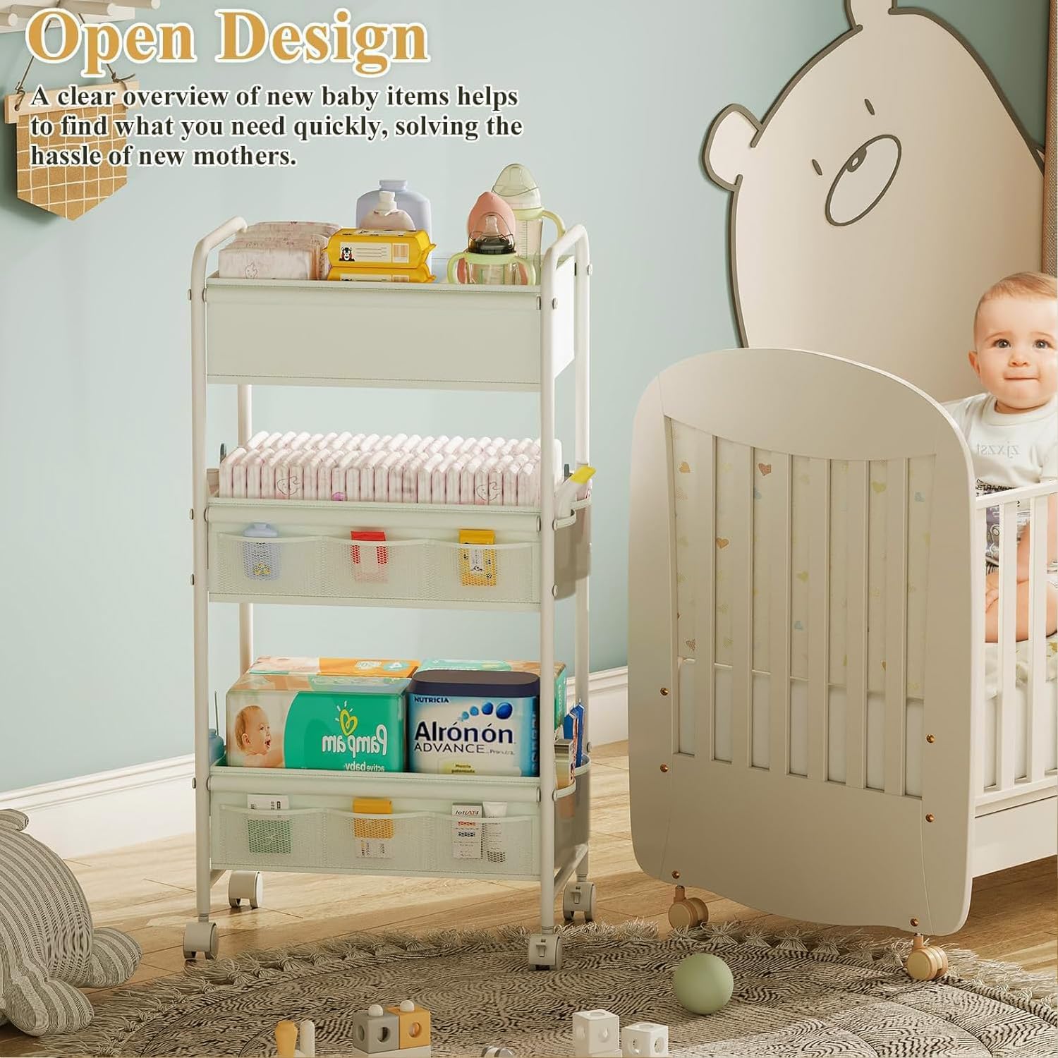 3-Tier Baby Diaper Caddy Cart Organizer with Wheels