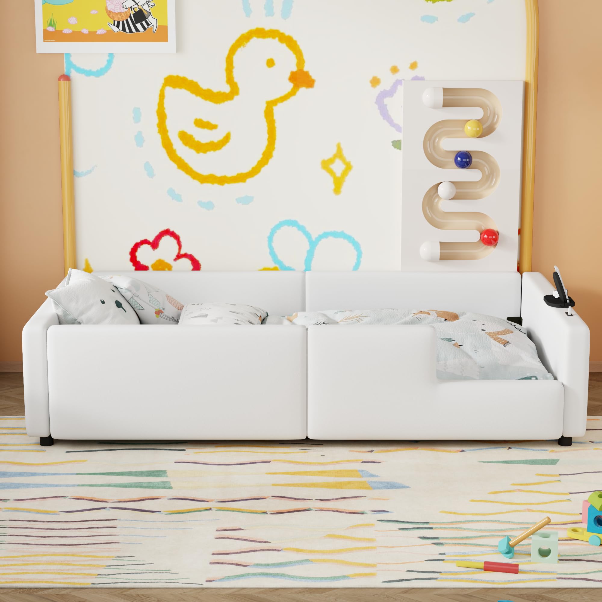 Merax Twin Size Kids Floor Bed with Guardrail and Charging Station, PU Leather Upholstered Daybed Frame for Bedroom, Children's Room, Wood Slats Support, No Box Spring Needed, Easy Assembly, White