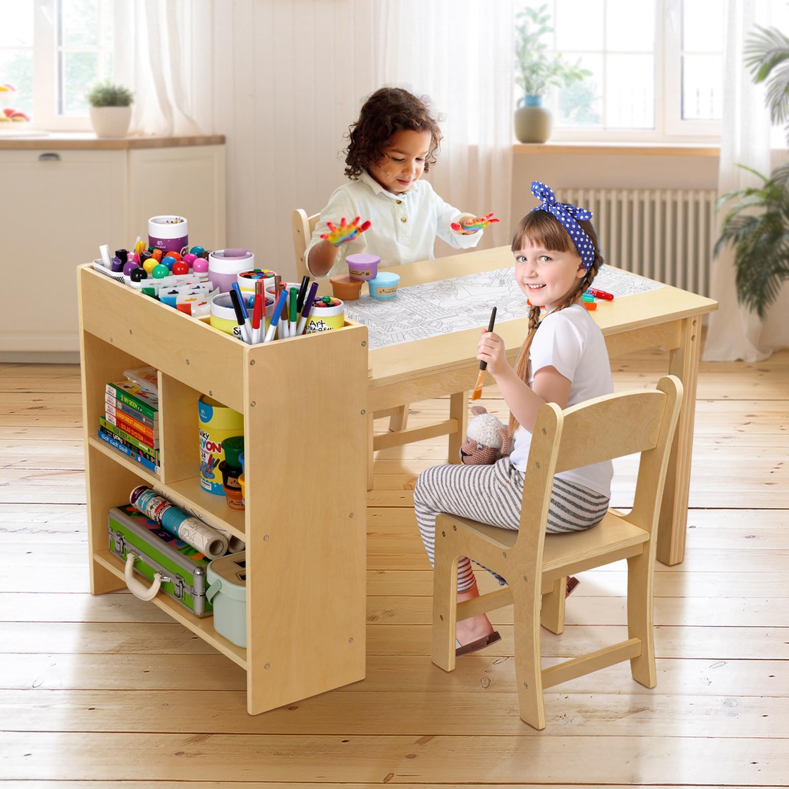 Kids Art Table and 2 Chairs, Toddler Activity Table with Large Storage Shelves