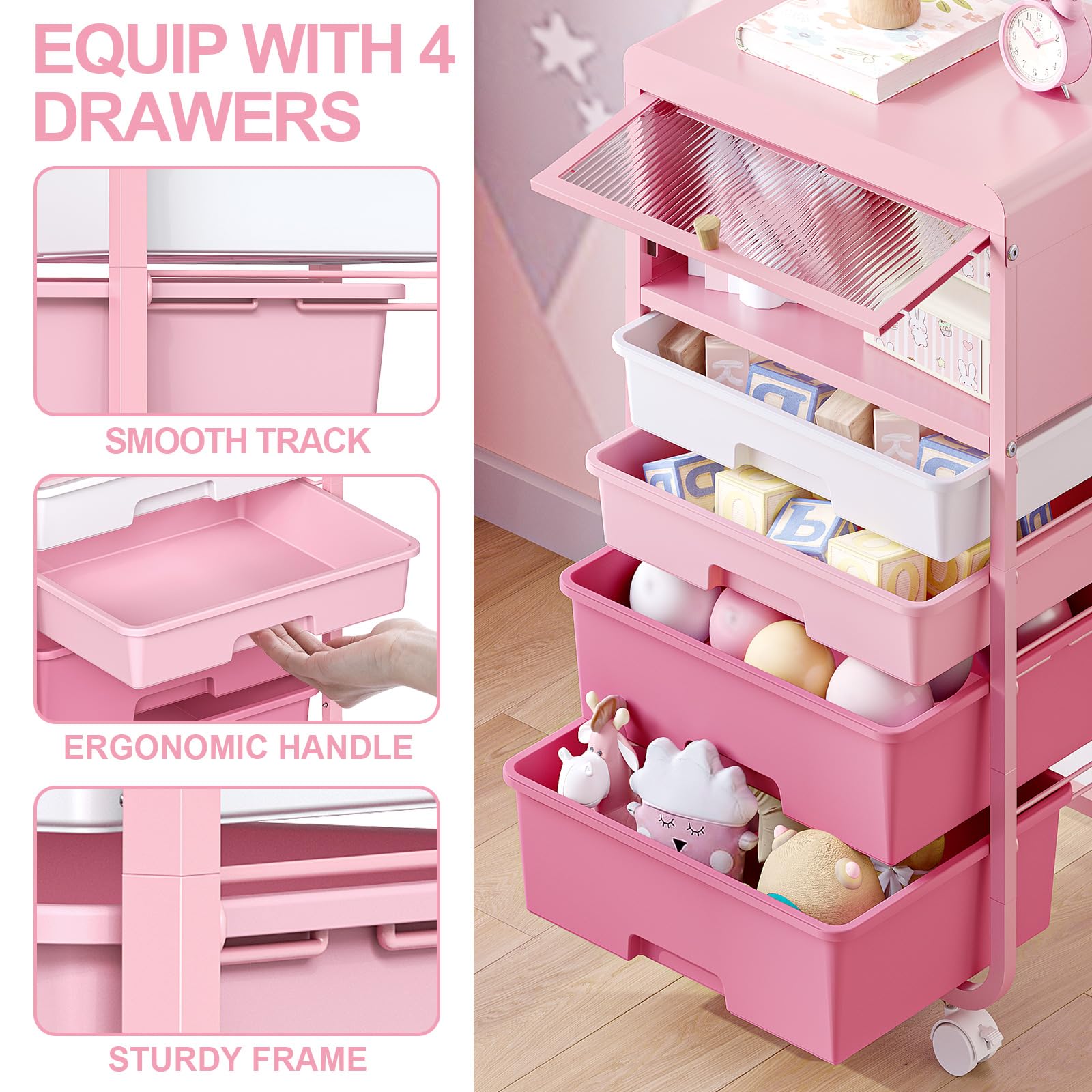 4-Drawer Rolling Storage Cart with Dust-Proof Door